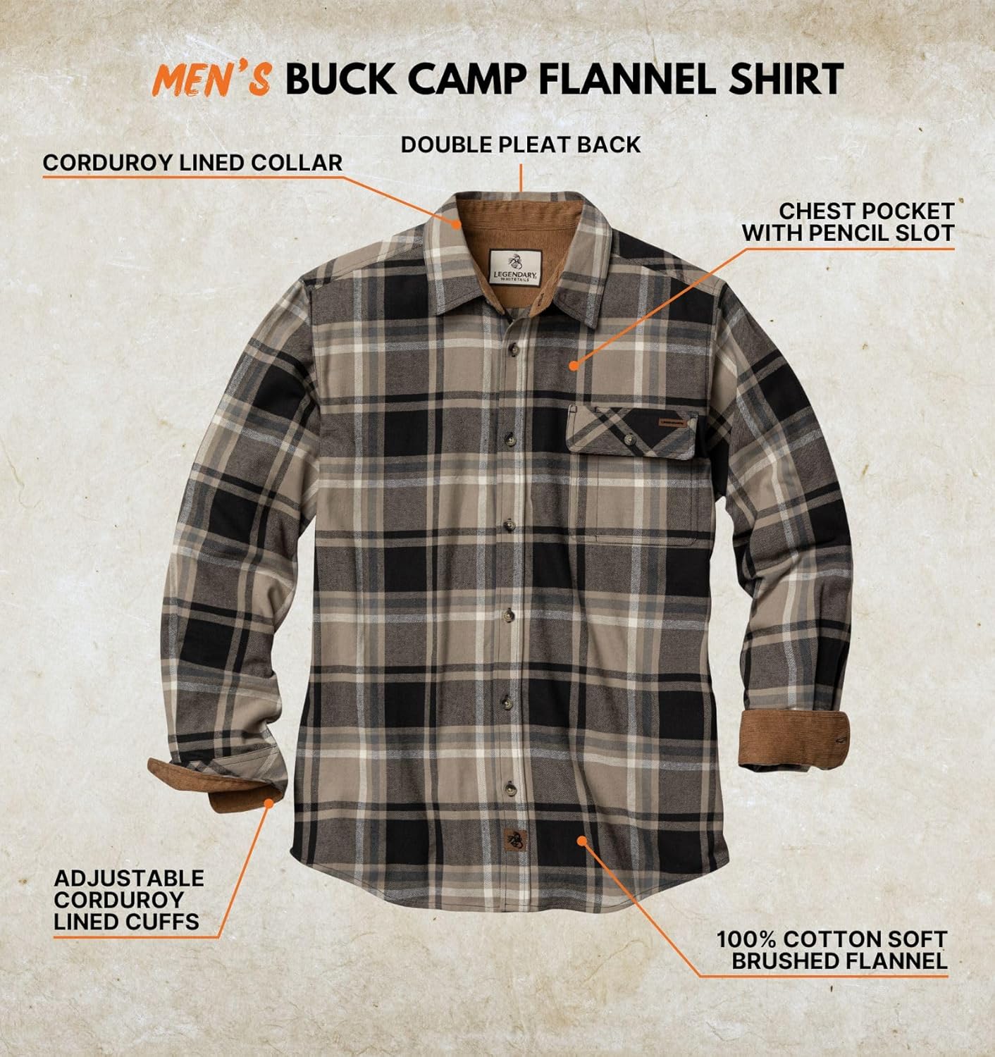 Legendary Whitetails Men's Flannel Shirt Long Sleeve Button Down 100% Cotton