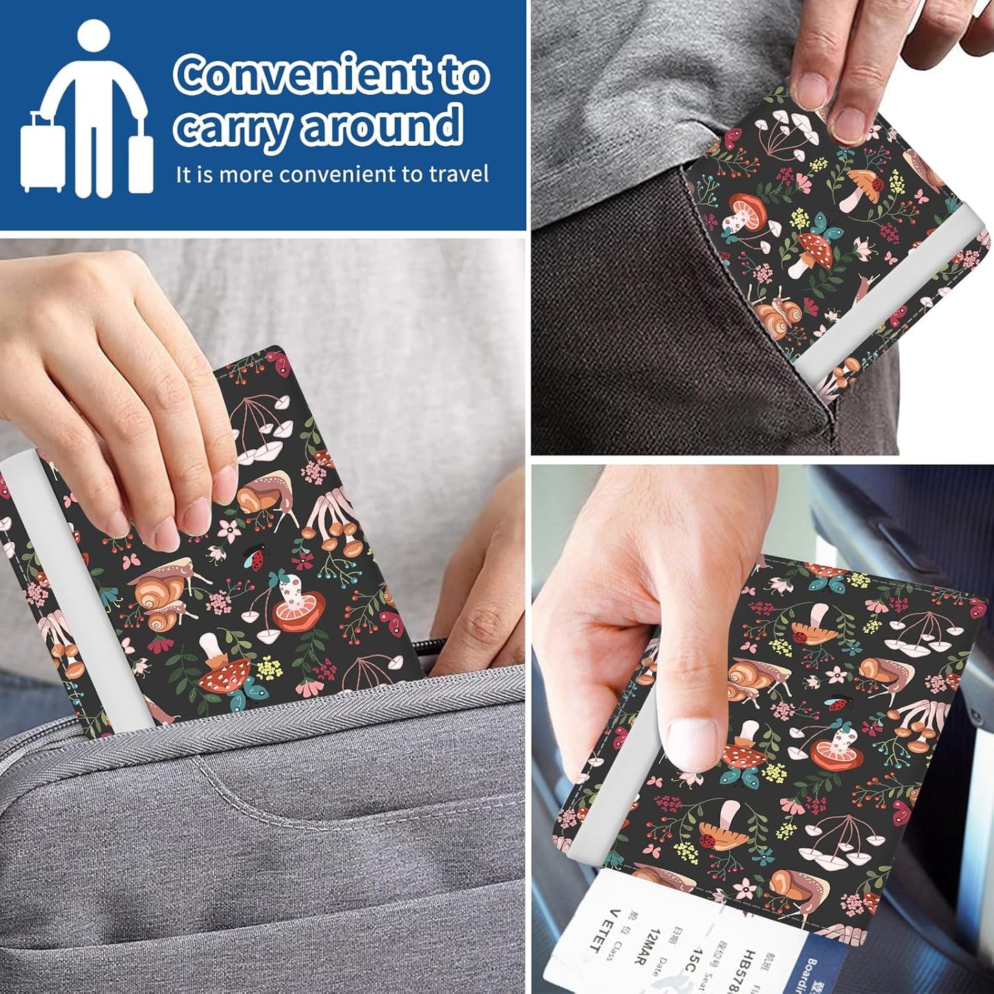 Passport Holder for Travel Essentials, Leather RFID Blocking Passport Wallet Cover Case, Cute Passport Book Holders for Women and Men Boho Mushrooms
