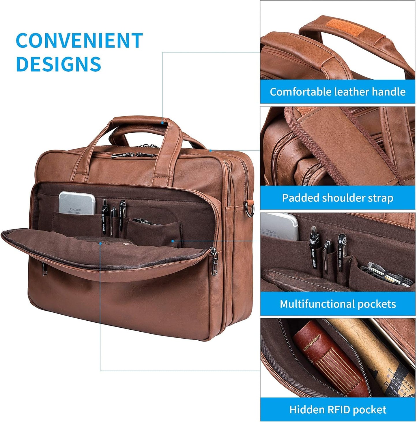 seyfocnia Leather Laptop Bag, Men's 15.6 Inche 17.3 Inche Messenger Briefcase Business Satchel