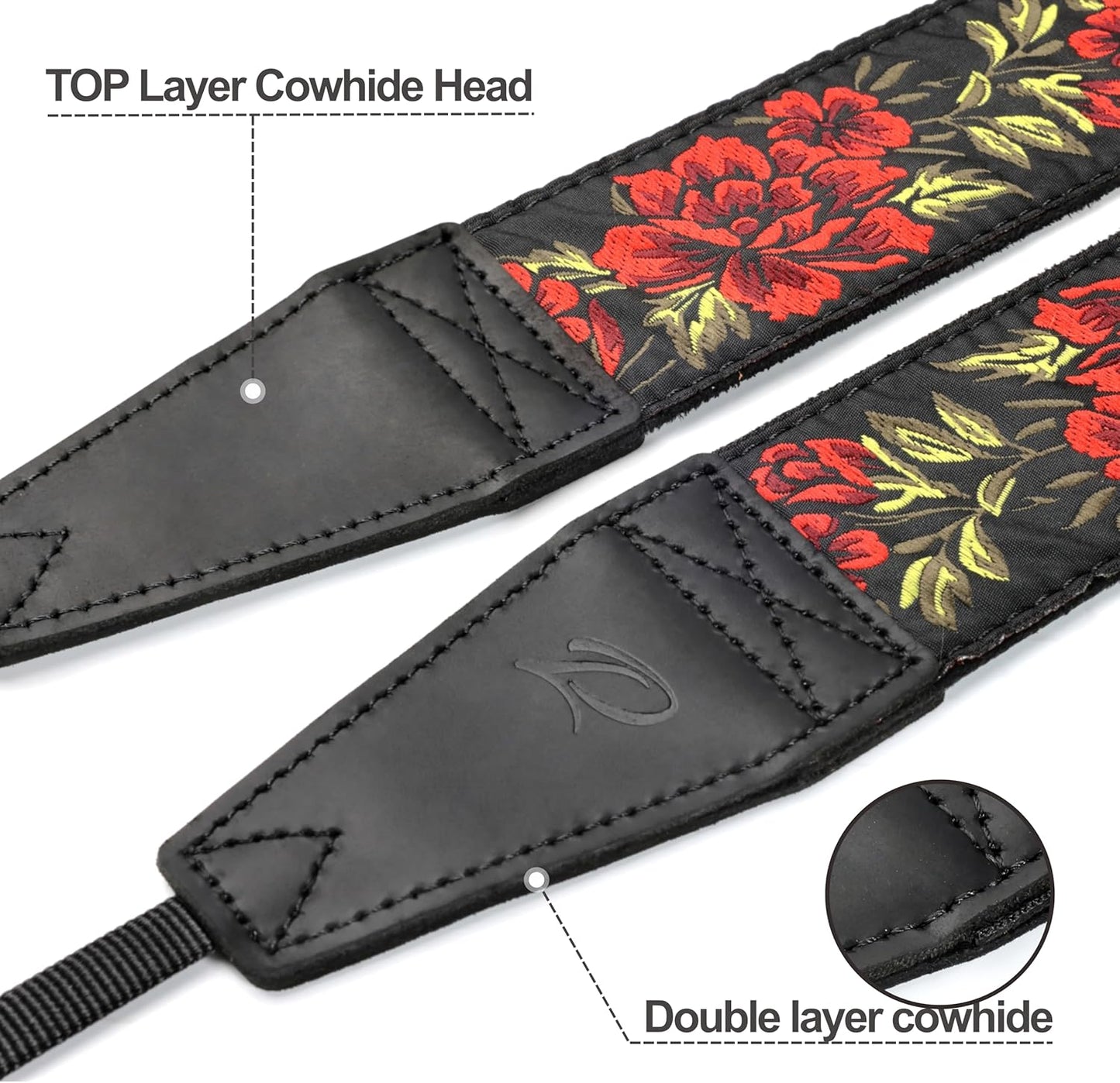 Padwa Lifestyle Camera Strap - 2" Full Grain Leather Ends Camera Straps for Photographers, Vintage Embroidered Cotton Weave Soft Suede Fabric Padded Strap Quick Release fits All Cameras