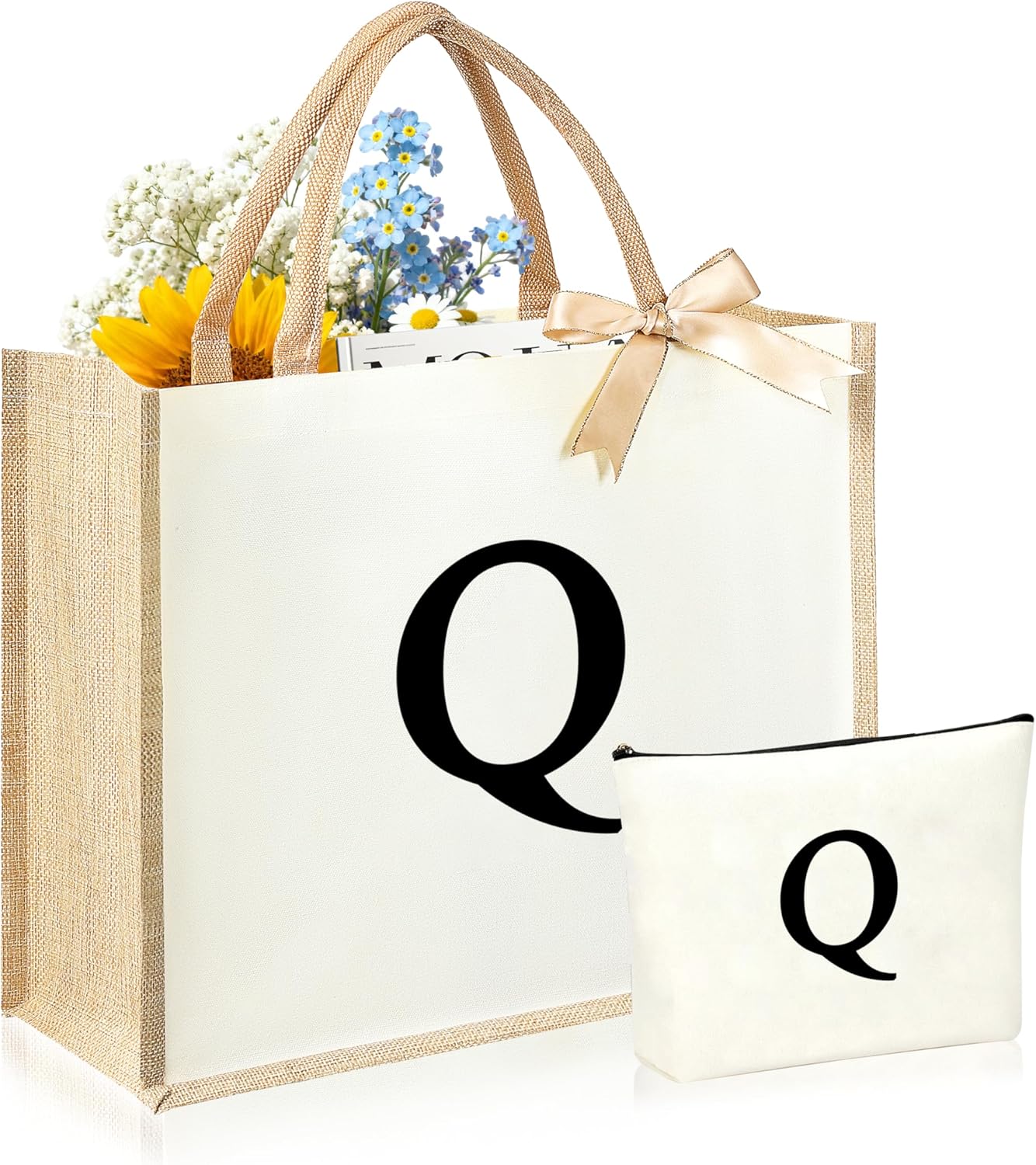 Initial Canvas Tote Bag & Makeup Bag for Women Teacher Bridesmaids，Personalized Present for Wedding, Birthday, Beach