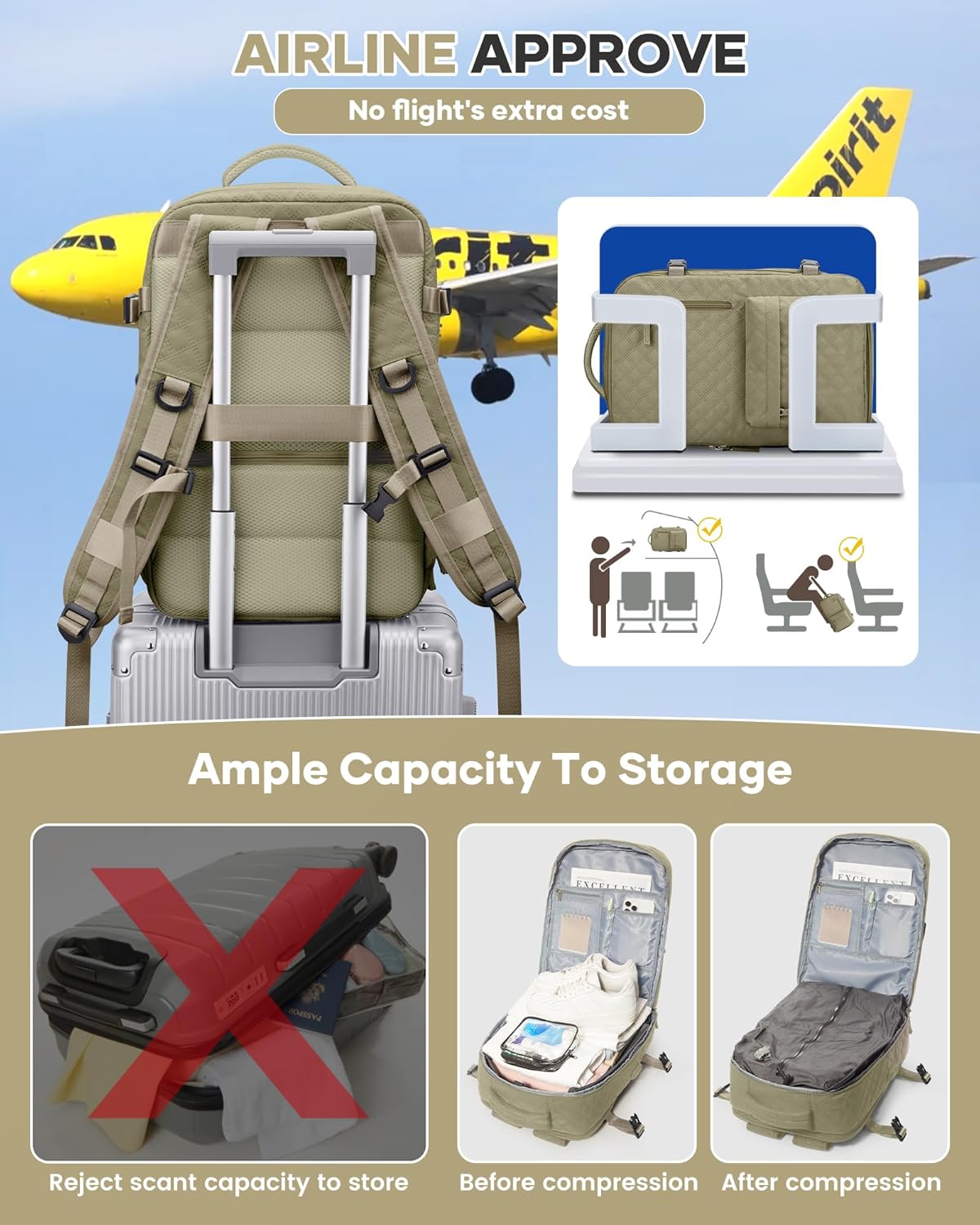 Travel Vacuum Storage Backpack with Air Pump Vacuum Seal Compression Space Saver Bags Clothing Vacpack 18x14x8 inches Travel Bag Carry on Personal item Laptop Work Backpacks Women Men Khaki