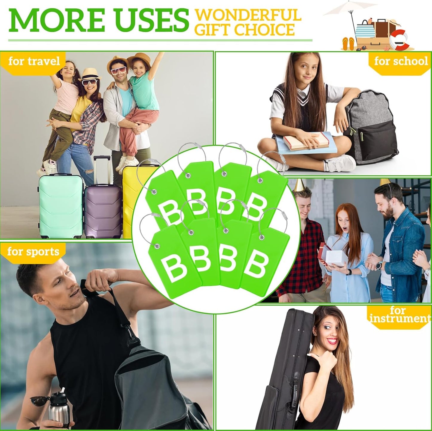 8 Pcs Initial Letter A-Z Luggage Tags Silicone Suitcase Instrument Tag with Name Card and Stainless Steel Loop(Letter B,Green)
