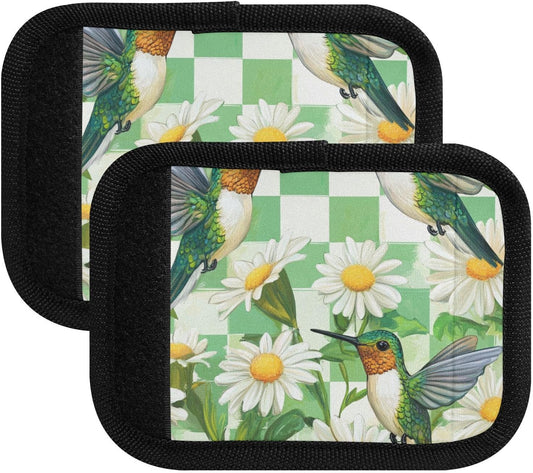 Checkered White and Green Hummingbirds Daisy 2 Pack Luggage Handle Wraps Covers for Suitcase Identifiers Bag Tags Travel Accessories