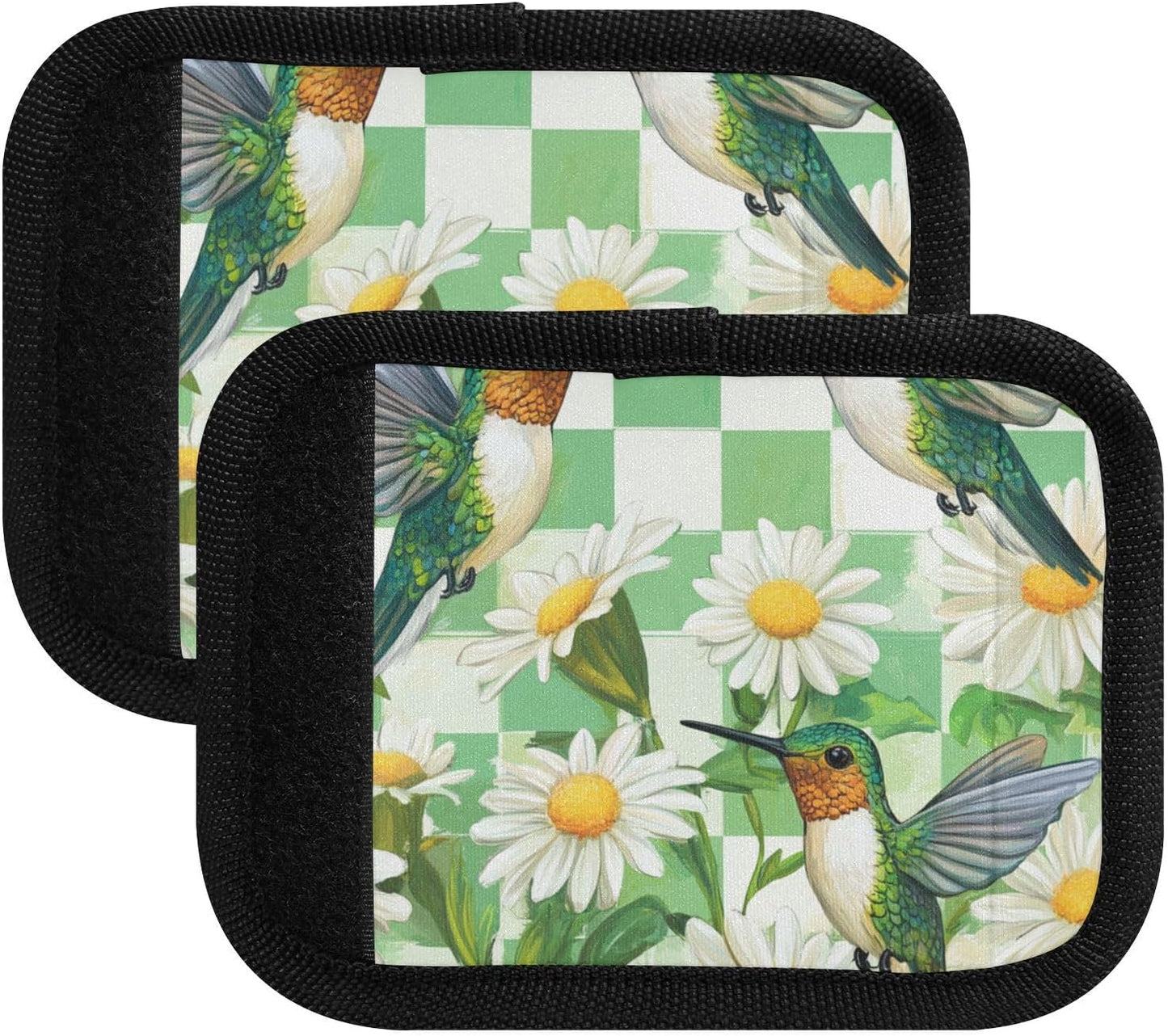 Checkered White and Green Hummingbirds Daisy 4 Pack Luggage Handle Wraps Covers for Suitcase Identifiers Bag Tags Travel Accessories