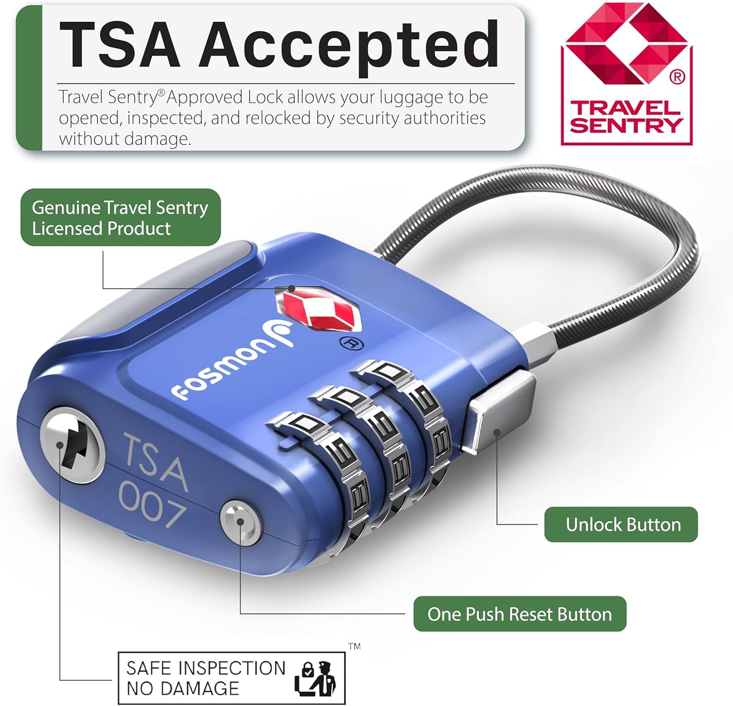 Fosmon TSA Approved Cable Locks for Luggage, Suitcase Locks with Push Release Button, 3 Digit Long Shackle Combo Wire Locks for Backpack, Gym Locker