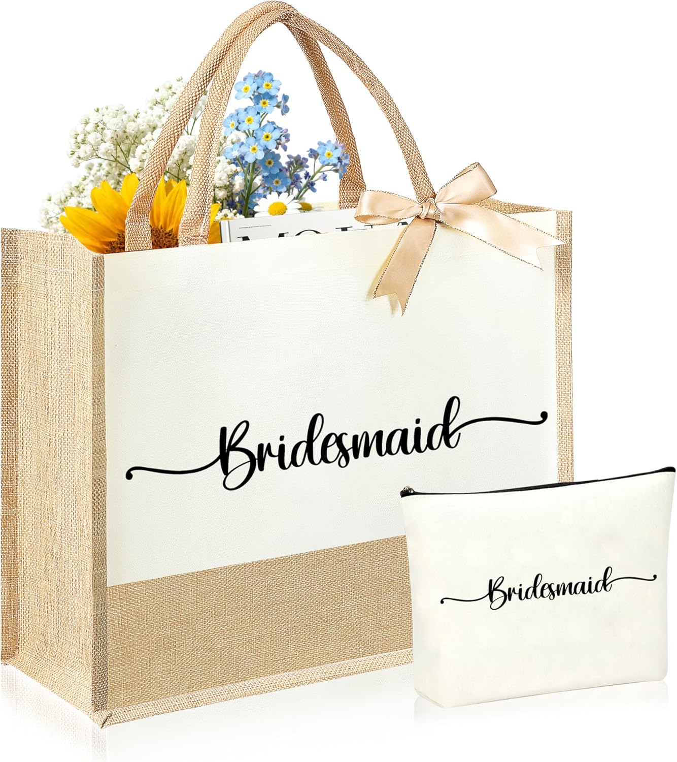 Initial Canvas Tote Bag & Makeup Bag for Women Teacher Bridesmaids，Personalized Present for Wedding, Birthday, Beach