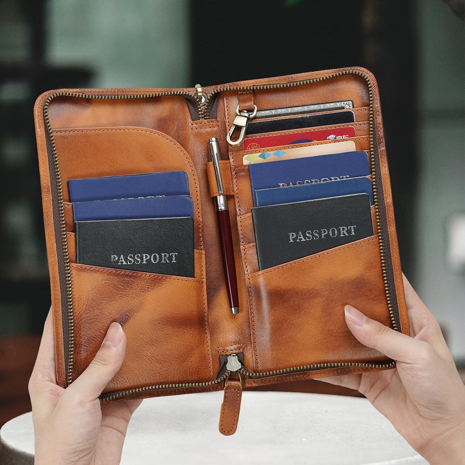 Polare Full Grain Leather Family Travel Passport Wallet and Documents Organizer RFID Blocking Case