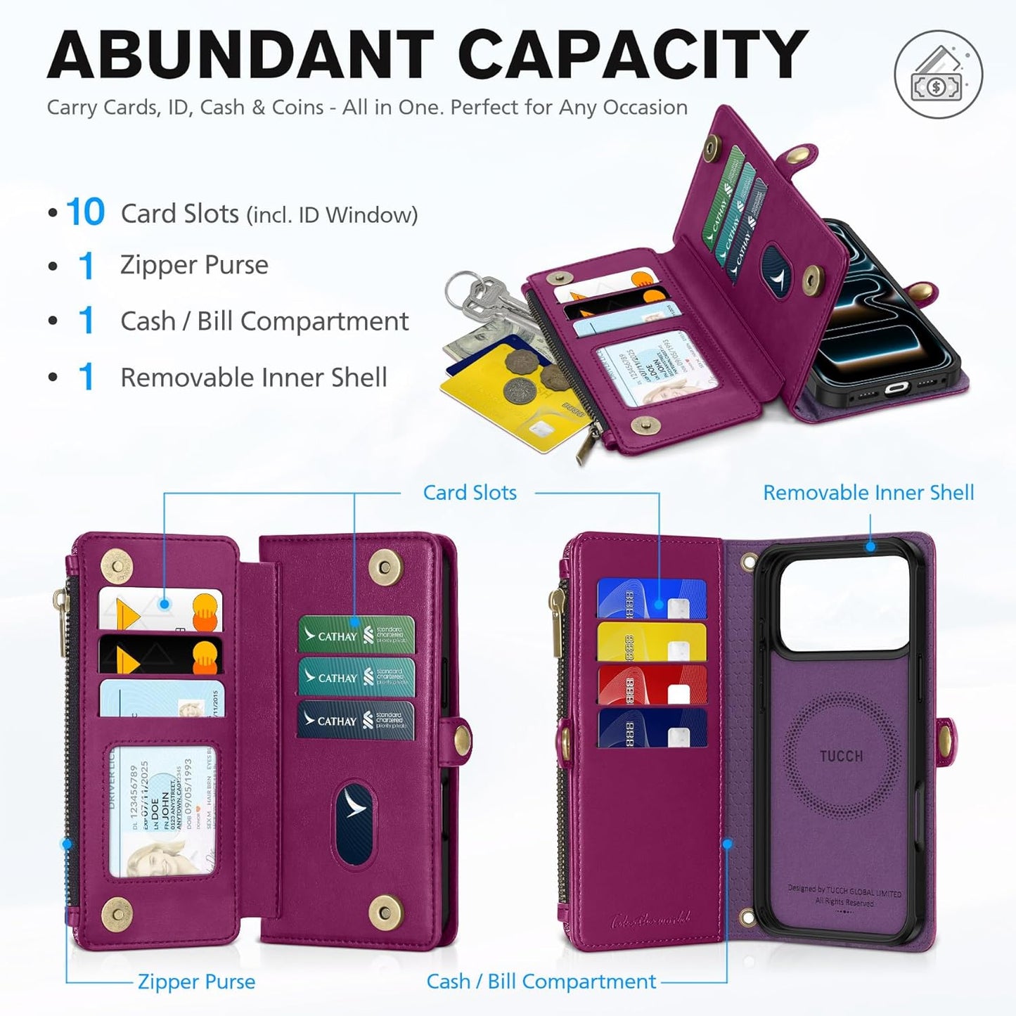 TUCCH Crossbody Detachable Wallet Case for iPhone 17 Pro Max 6.9", 10 Card Holders RFID Blocking, Wireless Charging, Stand Wrist Strap, Lanyard, Zipper Pocket, PU Leather Shockproof Cover, Plum Purple