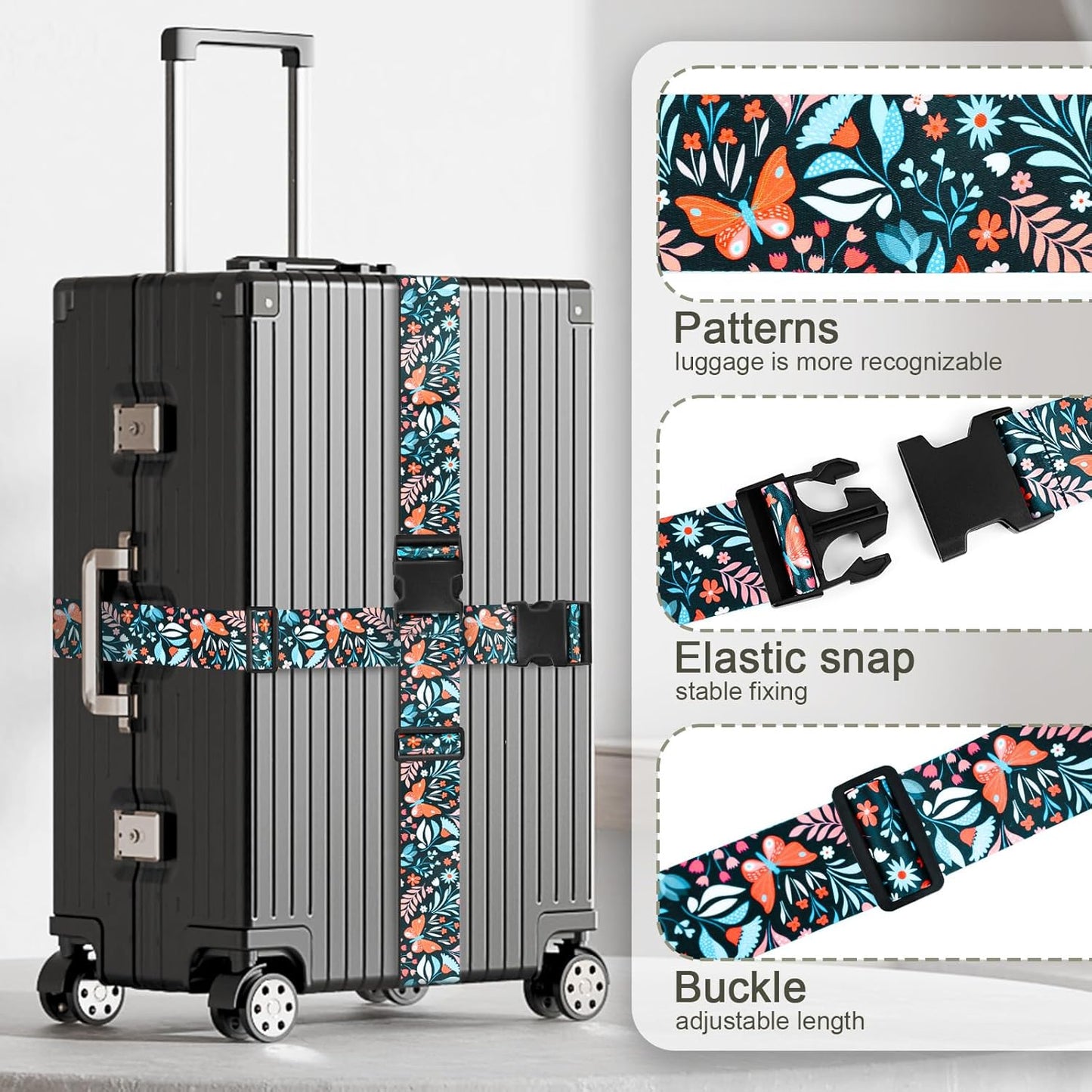BILIONE Vibrant Flowers-Pattern Luggage Straps for Suitcases, Travel Belt Accessories Luggage Identifiers Adjustable Nylon Suitcase Belts for Travel 2 Pack (Orange Butterfly Flower)