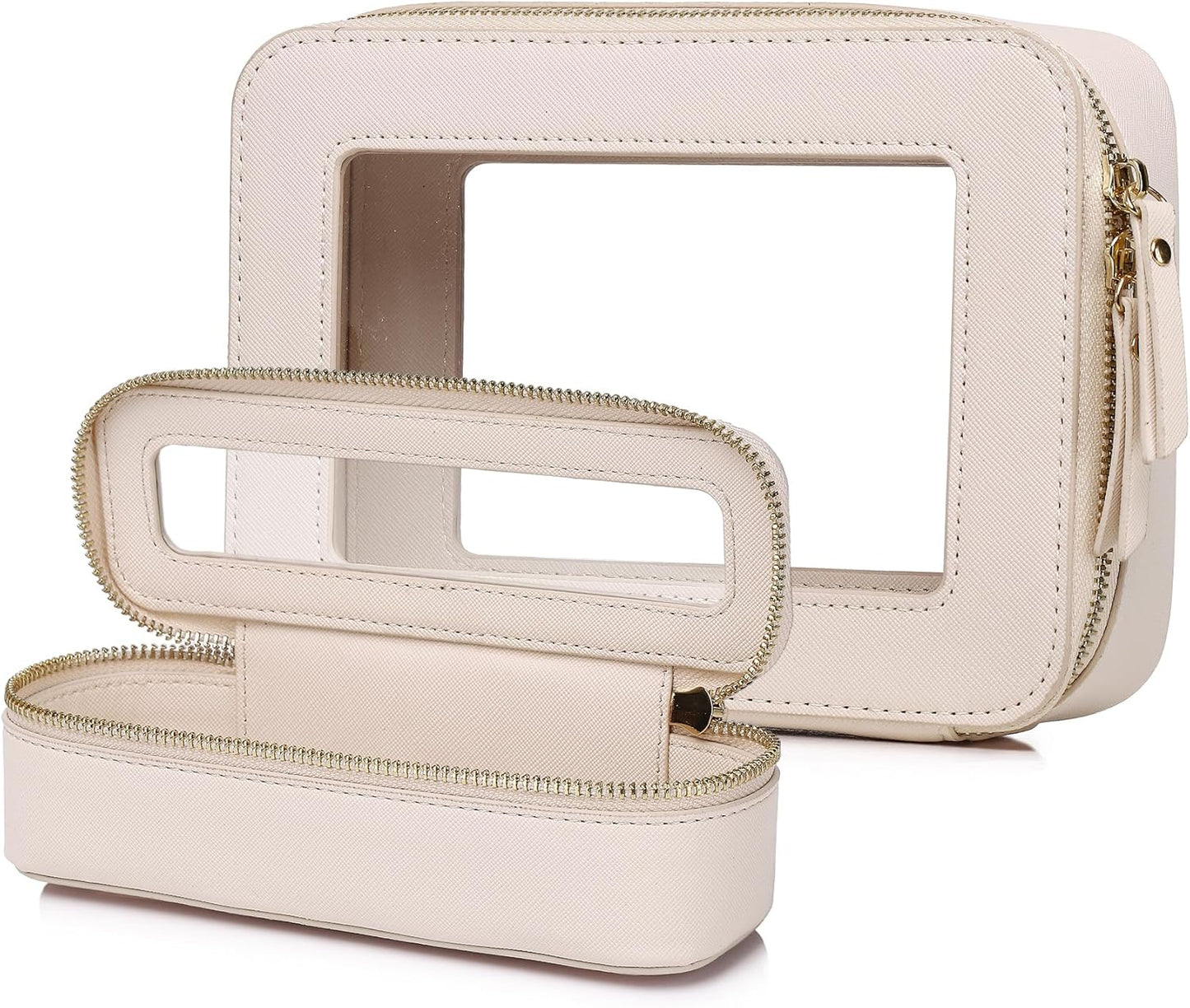 Clear Travel Makeup Bag with Brush Case Portable Transparent Cosmetic Bag and Toiletry Bag Waterproof Makeup Organizer with Zipper Car Essential for Women (Beige, M+Slim)