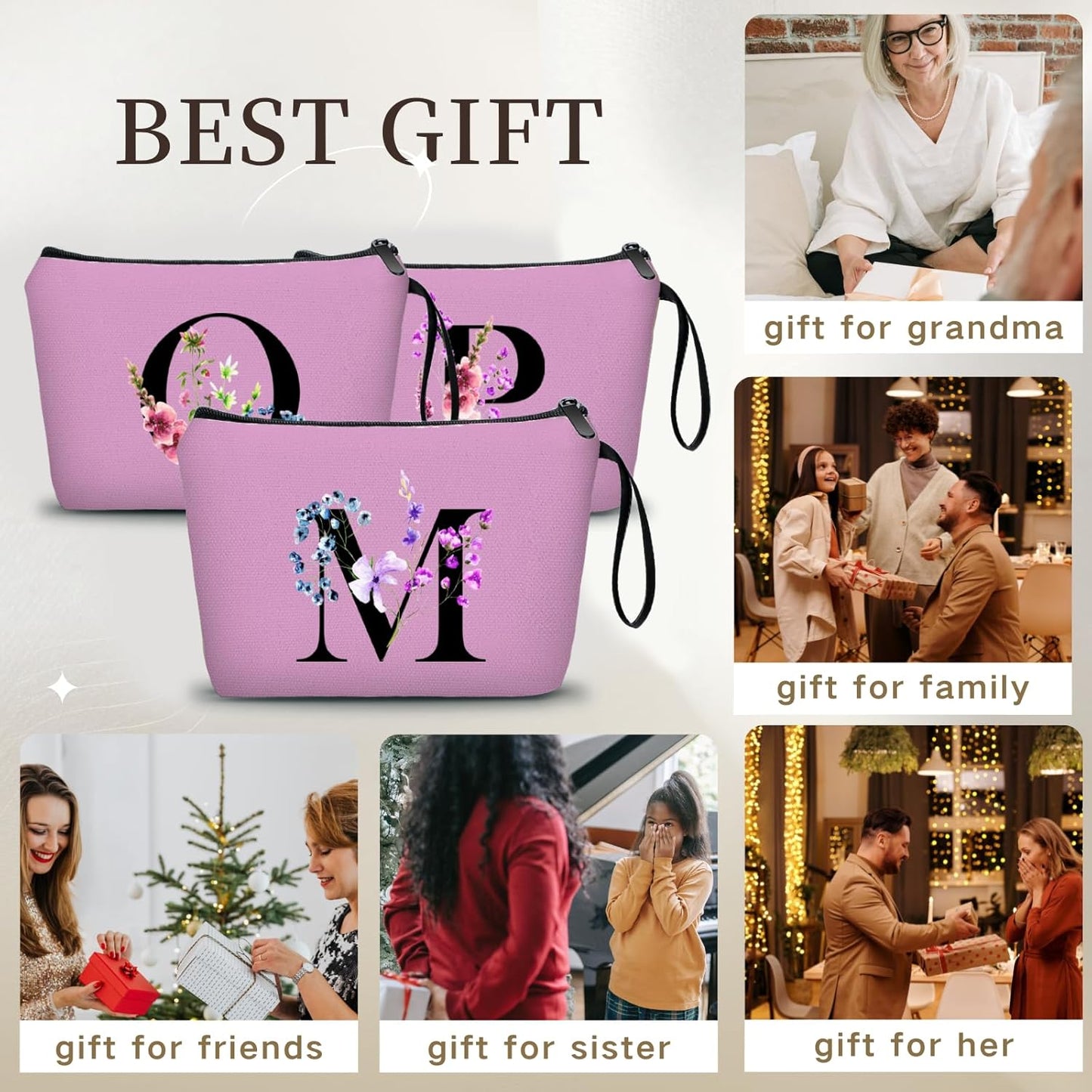 Women Birthday Maid of Honor Monogrammed Gifts for Bride Bridesmaid Sister Friend Her Teacher Makeup Cosmetic Bag with Mirror Mothers Day Christmas Graduation M