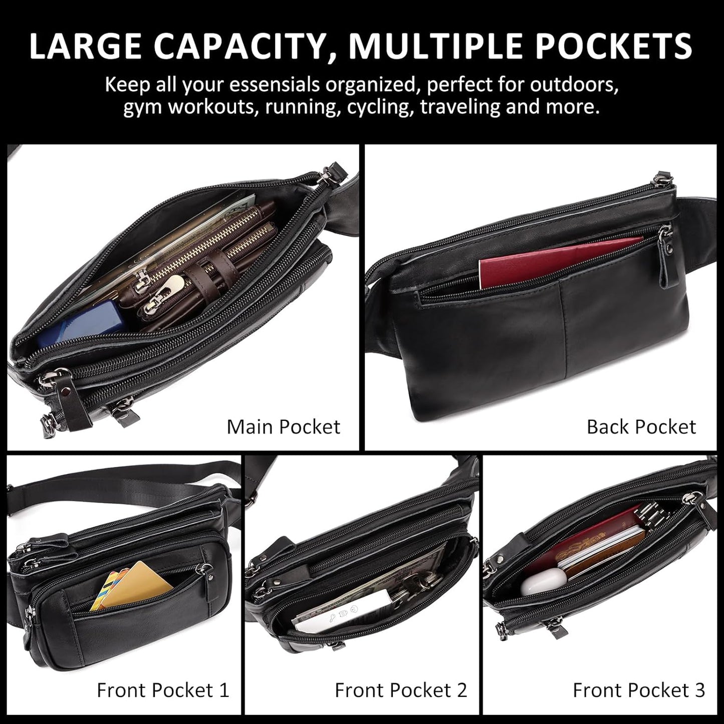 Leather Fanny Pack for Men Women, Belt Bag Fashion Waist Packs Small Crossbody Bag with Adjustable Strap for Travel Sport Walk (Black)