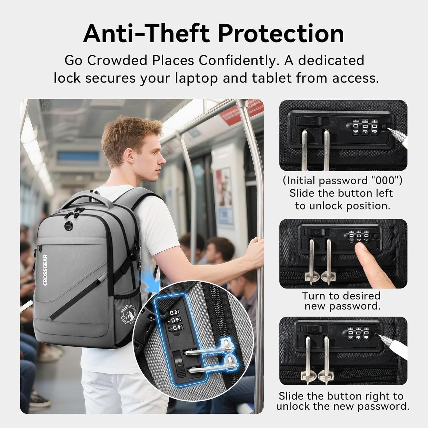 CROSSGEAR Large Travel Backpack Anti-Theft Laptop Bag with Password Lock Water Resistant Bookbag Airline Approved Business Work Computer Bag with USB Charging Port Fit 17.3 Inch Laptops for Men Women