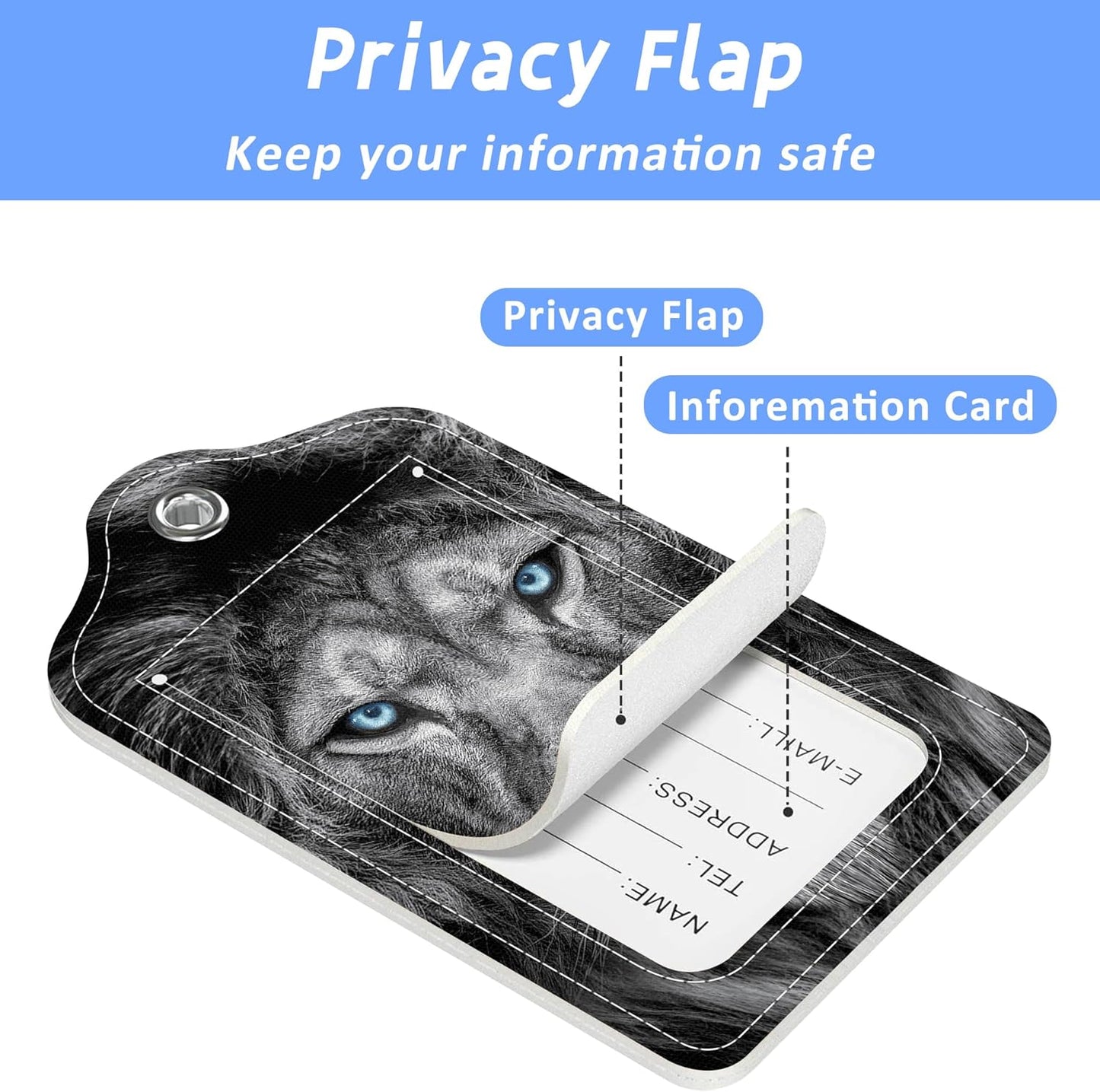 Set of 2 Luggage Tags Fierce Lion with Glowing Blue Eyes Leather Suitcases Tag with Privacy Cover Stainless Steel Loop and Address Card for Women Men Travel