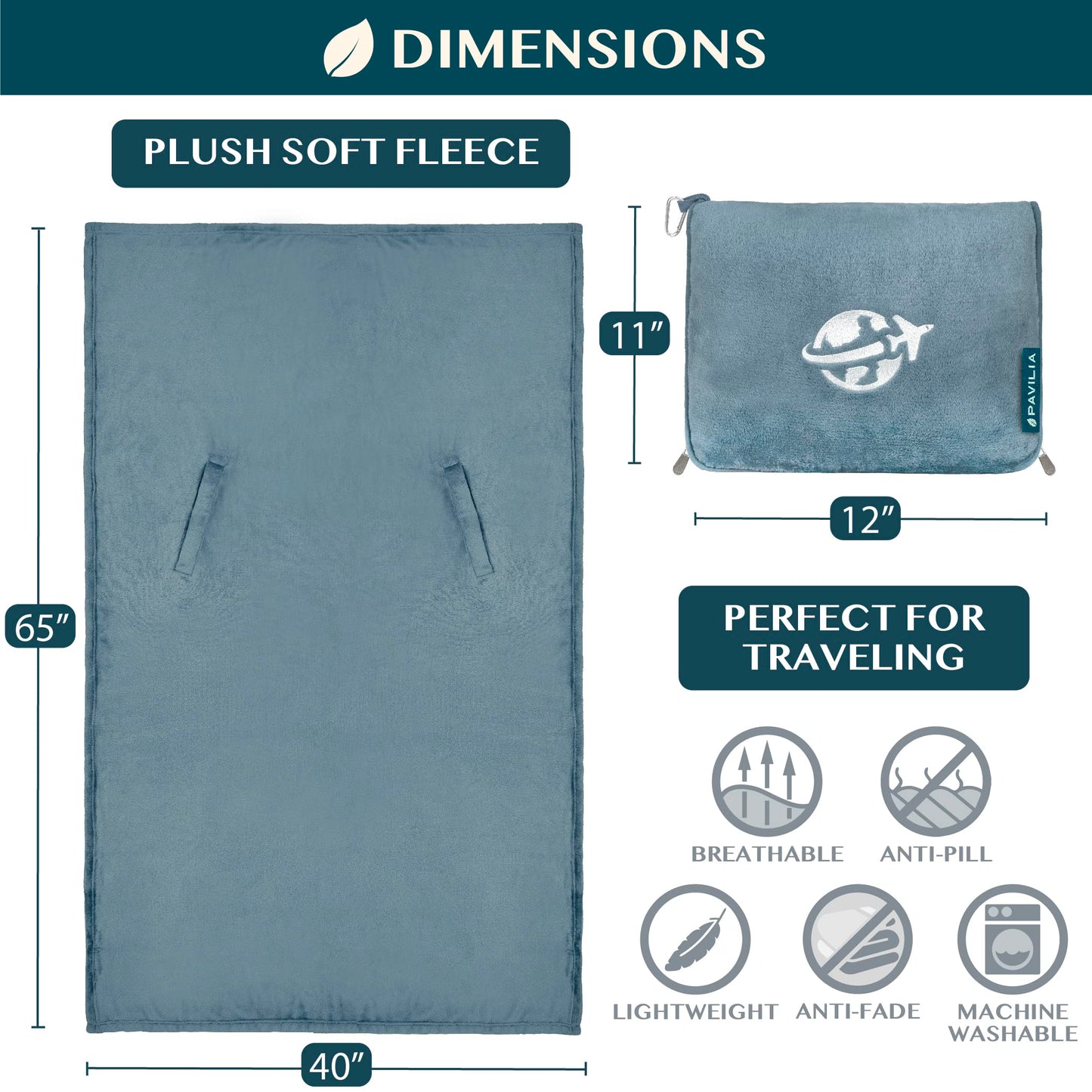 PAVILIA Travel Blanket and Pillow, Arms Opening Airplane Blankets for Adults, Compact Plane Blanket