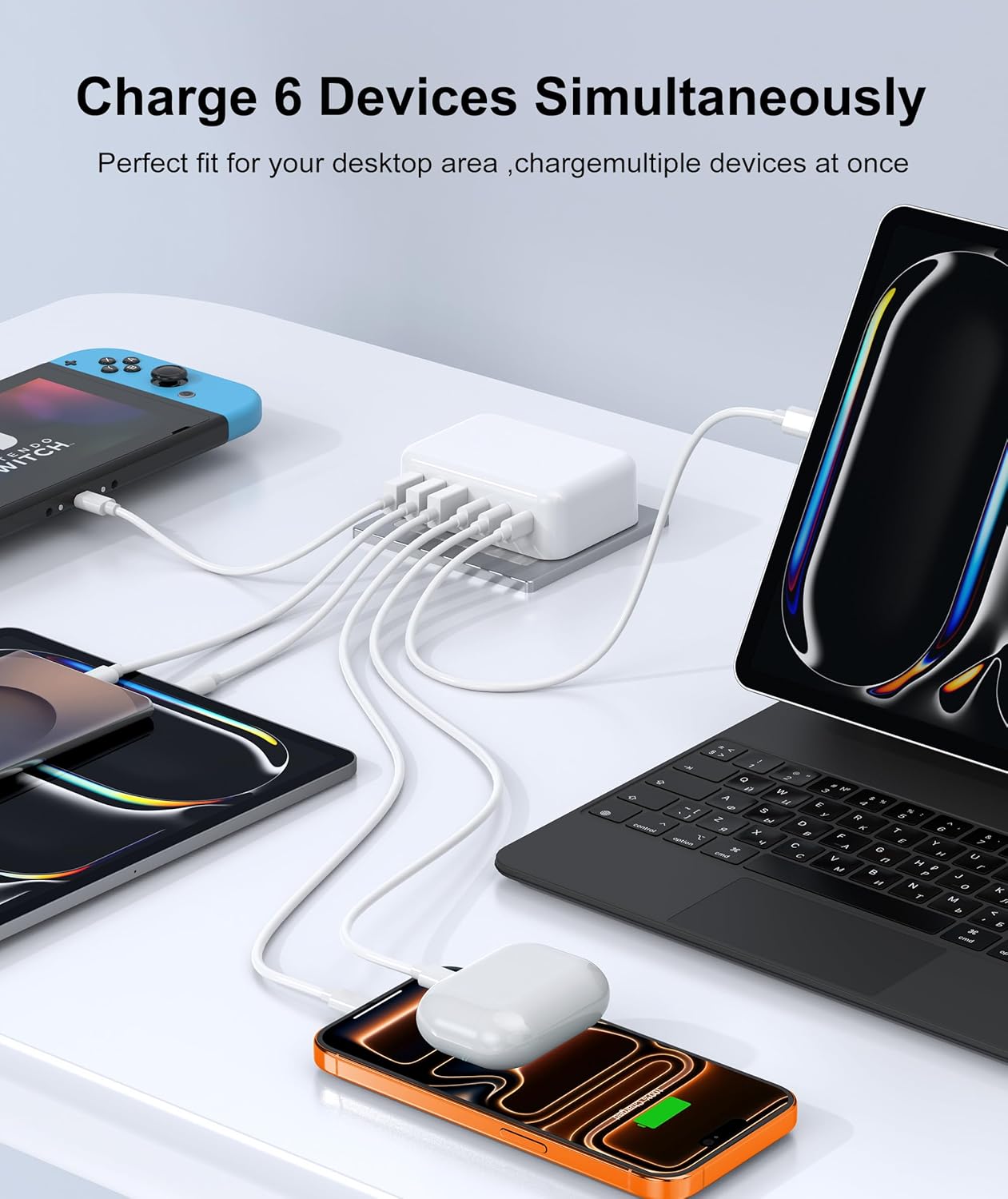 Fast Charger Block, GaN 6 Port USB C Charging Station Hub Cube, 100W Multiport Type C Wall Charger Power Strip Plug with PD 3.0+QC for iPhone13 14 15 16 17 Pro Max XR XS 8 7, Samsung, iPad, Table