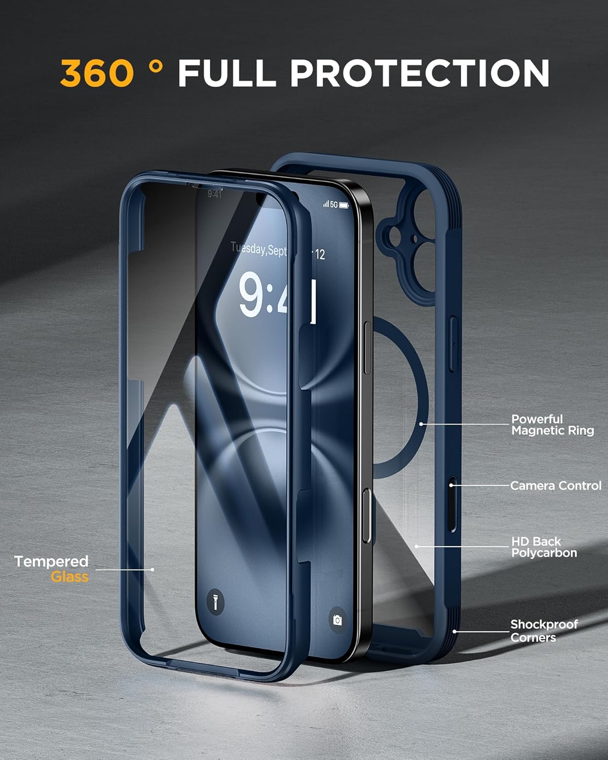 Miracase for iPhone 16 Case 6.1'', Full-Body Protective Phone case with Built-in Full Glass Screen &Camera Control,Easy Installation,No Gap,Compatible with MagSafe,SGS Drop Proof 16 Cover,Storm Blue