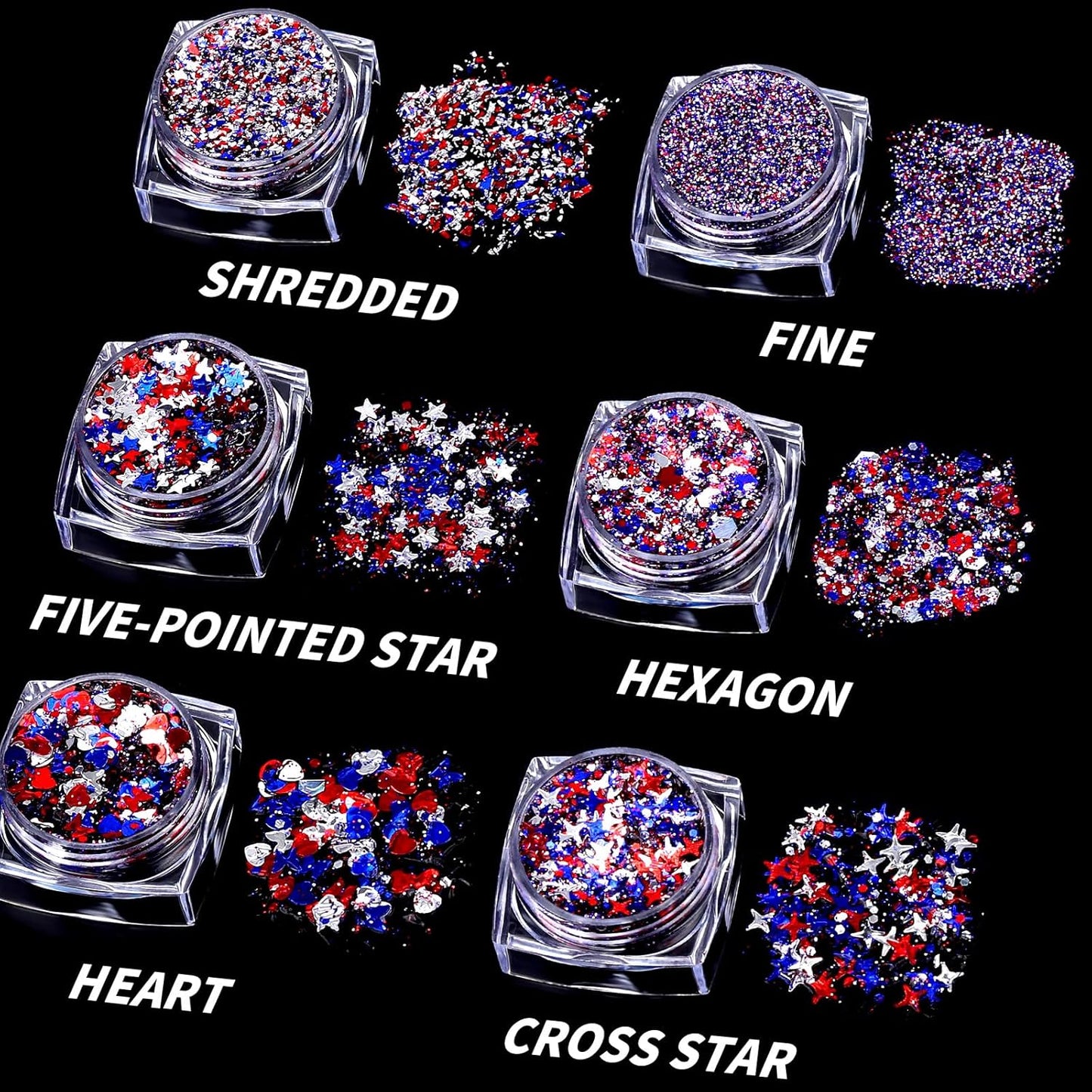 Teenitor Body Glitter Gel, 6 Shape Red White and Blue Face Glitter, 4th of July Accessories Hair Glitter for Kids, 4th of July Outfits USA Accessories for Women, Blue Face Glitter for Independence Day