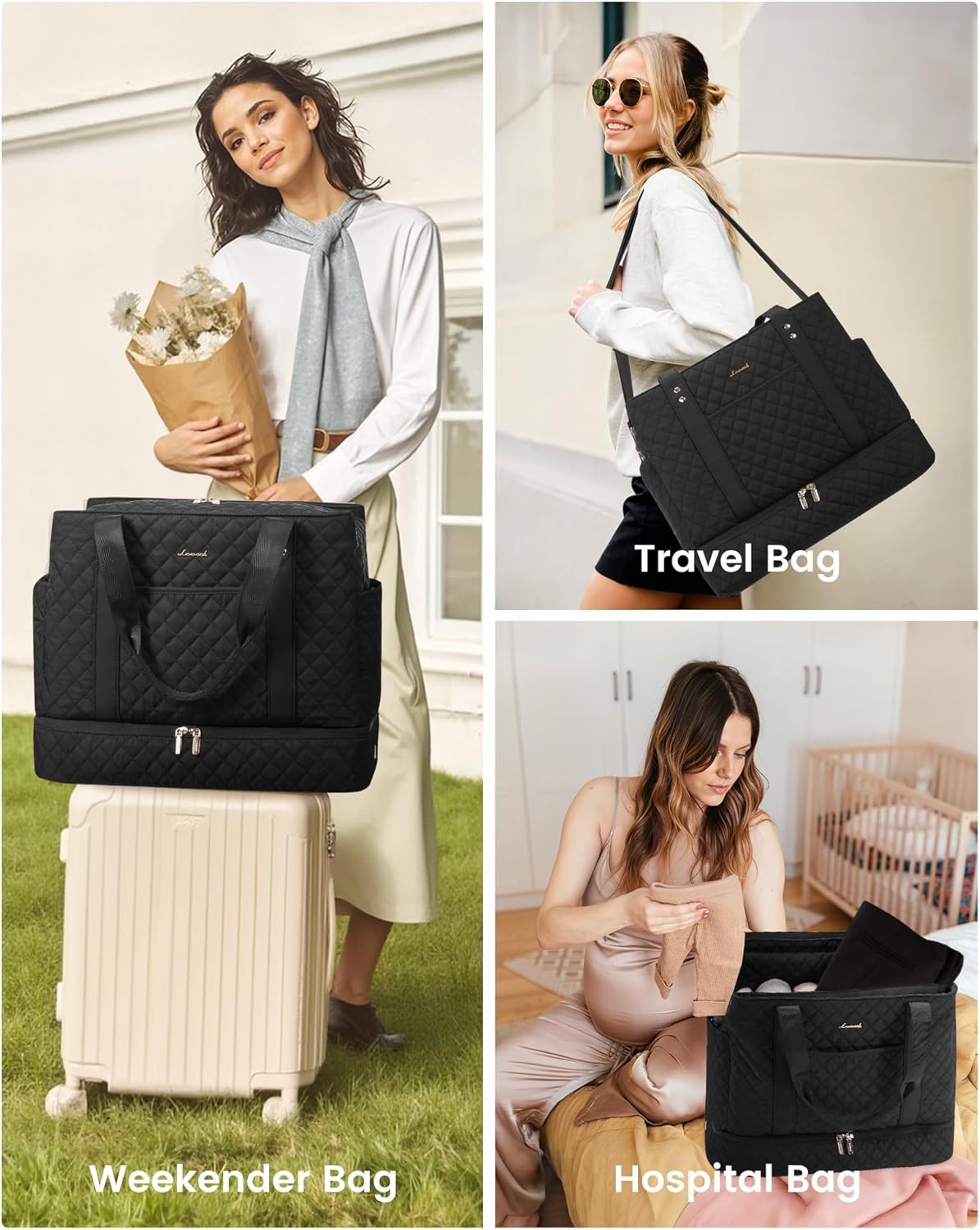 LOVEVOOK Large Travel Duffle Bag for Women, 45L Weekender Bags with Shoe Compartment & Wet Pocket, Quilted Carry On Personal Item Bag, Overnight Hospital Bags for Labor Delivery Black