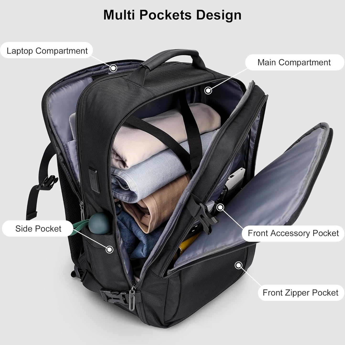 PIJUSHI Travel Backpack for Women Men Expandable Carry on Luggage Backpack Airline Approved Personal Item Laptop Bag(PE034 Black)