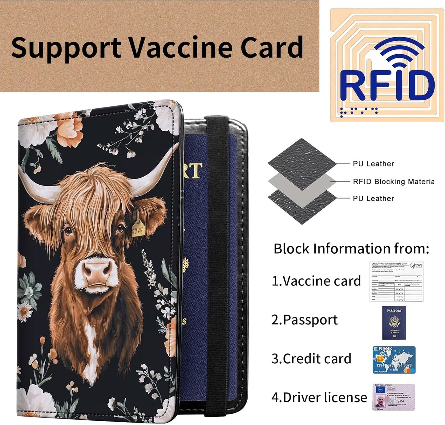 Passport and Vaccine Card Holder Cover Combo,Travel Passport Holder Wallet with RFID Blocking, Leather Vaccine Card Slot Passport Cover Case for Women & Men,Cute Floral Cow