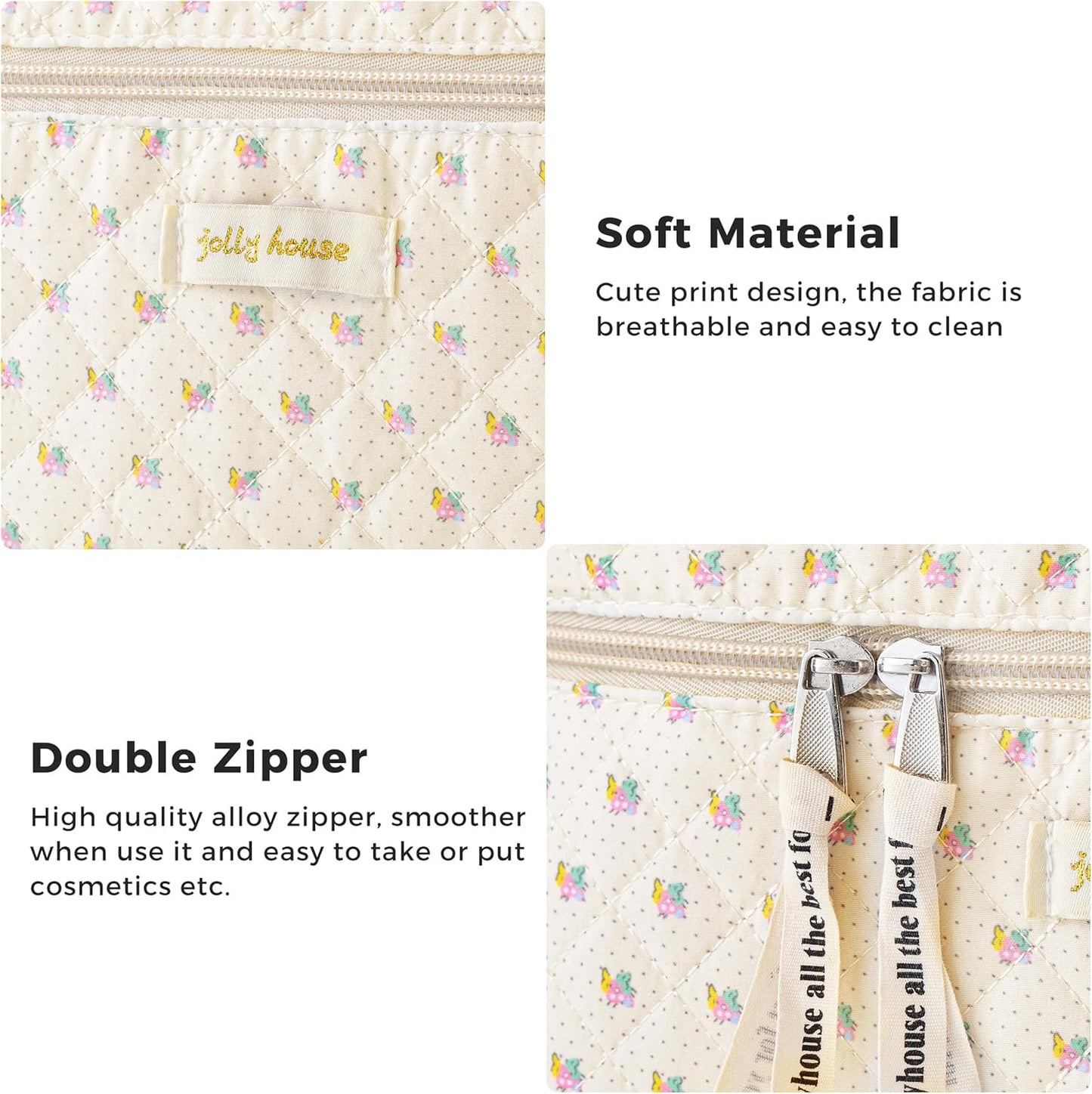HBselect 4Pcs Cotton Quilted Coquette Makeup Bag - Large Travel Cosmetic Bag - Aesthetic Cute Kawaii Floral Makeup Bag - Toiletry Bags - Coin Purse for Women Girls
