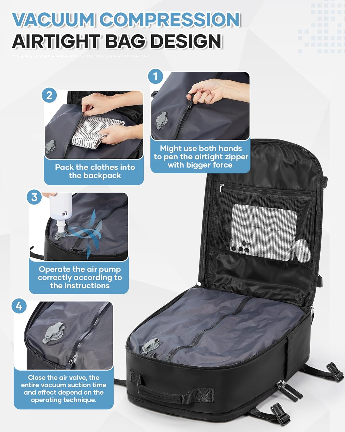 Vacuum Backpack Travel with Pump, Vacuum Seal Compression Space Saver Bags Clothing Vacpack, 18x14x8 inches travel bag Spirit Approved, Carry On Suitcase Luggage, Laptop Backpack,Black