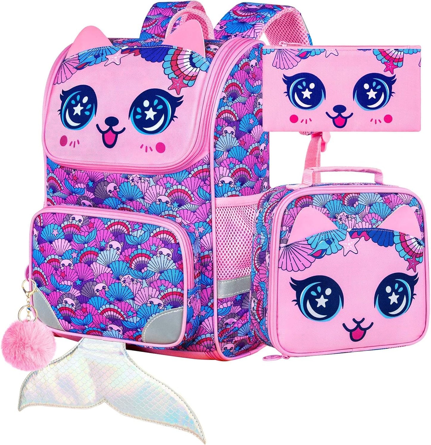 KLFVB 3PCS Backpack for Girls and Boys, 15" Unicorn Dinosaur Bookbag with Lunch Box, Kids Preschool School bag