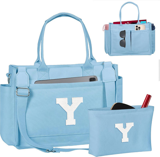 Gifts for Women Teen Girls, Initial Tote Bag with Zipper, Letter Canvas Tote Purse for College Work Laptop Beach