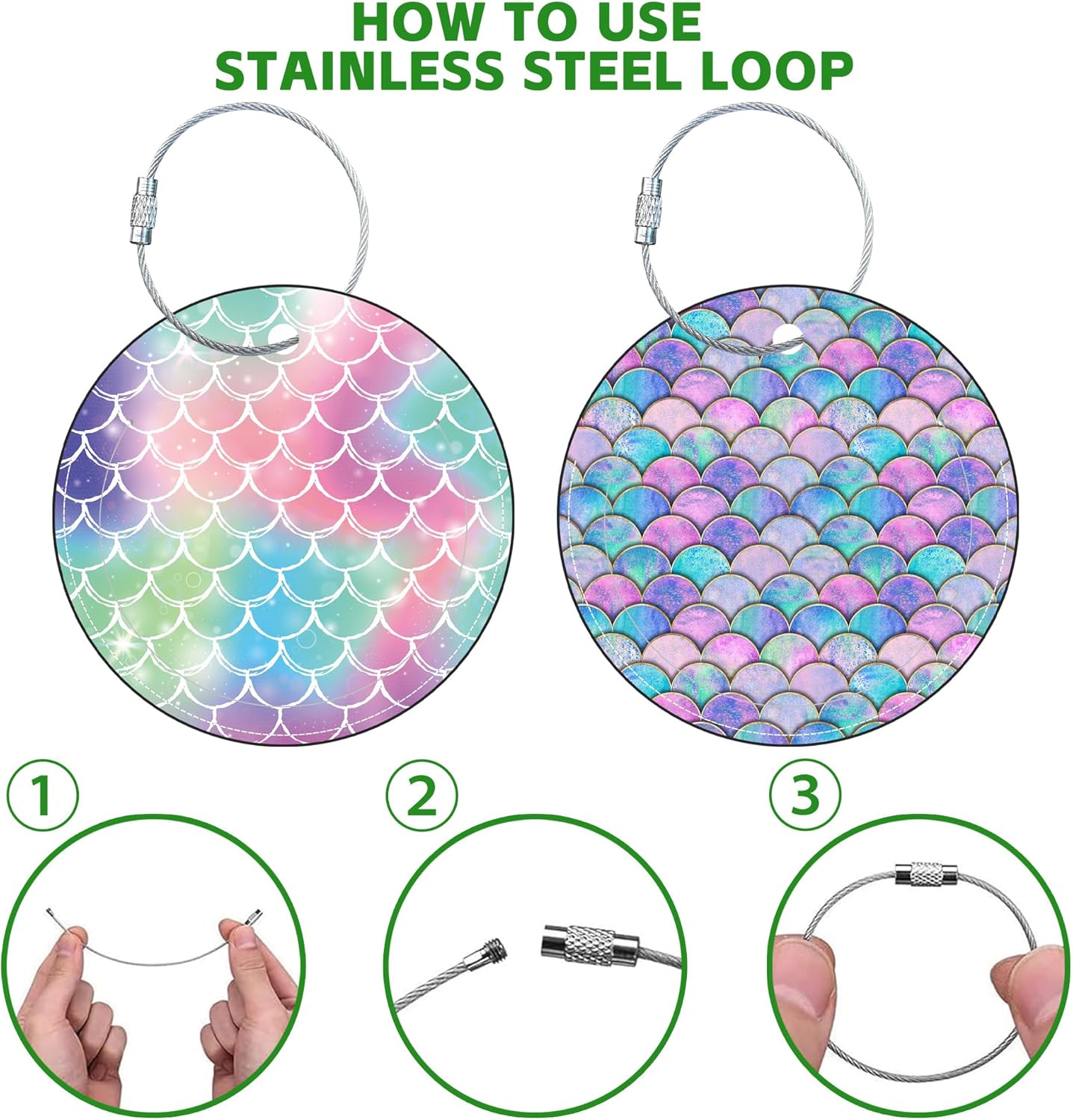 Round Cute Luggage Tags 2 Pack Tie-dye Fish Scale Creative Baggage Tags,Cruise Travel Baggage Suitcases Tag with Stainless Steel Loop ID Tag Privacy Flap