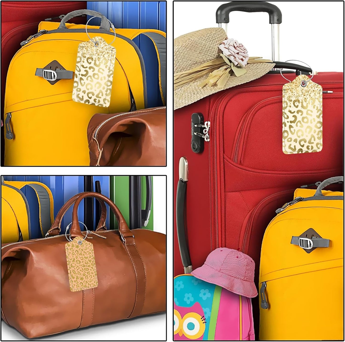 Golden Leopard Print 2 Pack PU Leather Luggage Tags with Stainless Steel Loop, Funny Travel Labels