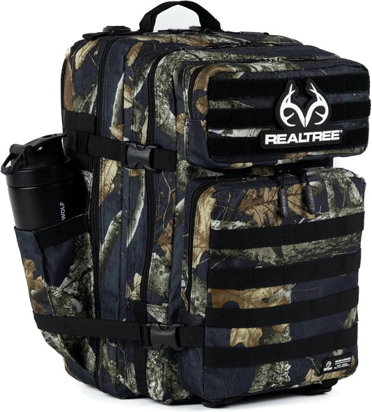 WOLFpak 45L Athletic Gym Backpack - Durable 1000D Waterproof Oxford Material w/MOLLE Webbing, Laptop Pocket & Dual Cup Holders, Durable Everyday Gym Backpack (Realtree Edge Black)