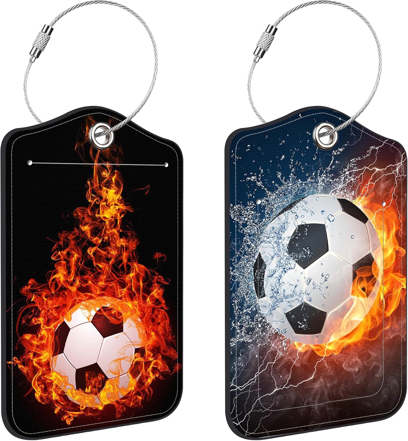 Soccer Ball in Fire and Water Luggage Tags for Suitcases Leather Travel Tags for Luggage ID Label with Privacy Cover and Stainless Steel Loop for Men Women Suitcase Backpack, Set of 2