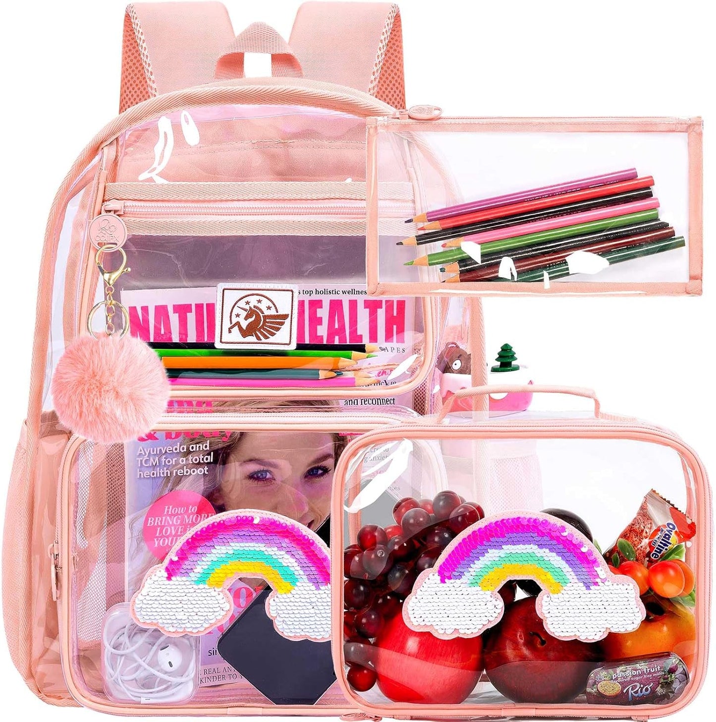 Clear Backpack for Girls and Boys, Kids Transparent Bookbag, 3PCS Cute See Through School Bag for Elementary Prechool