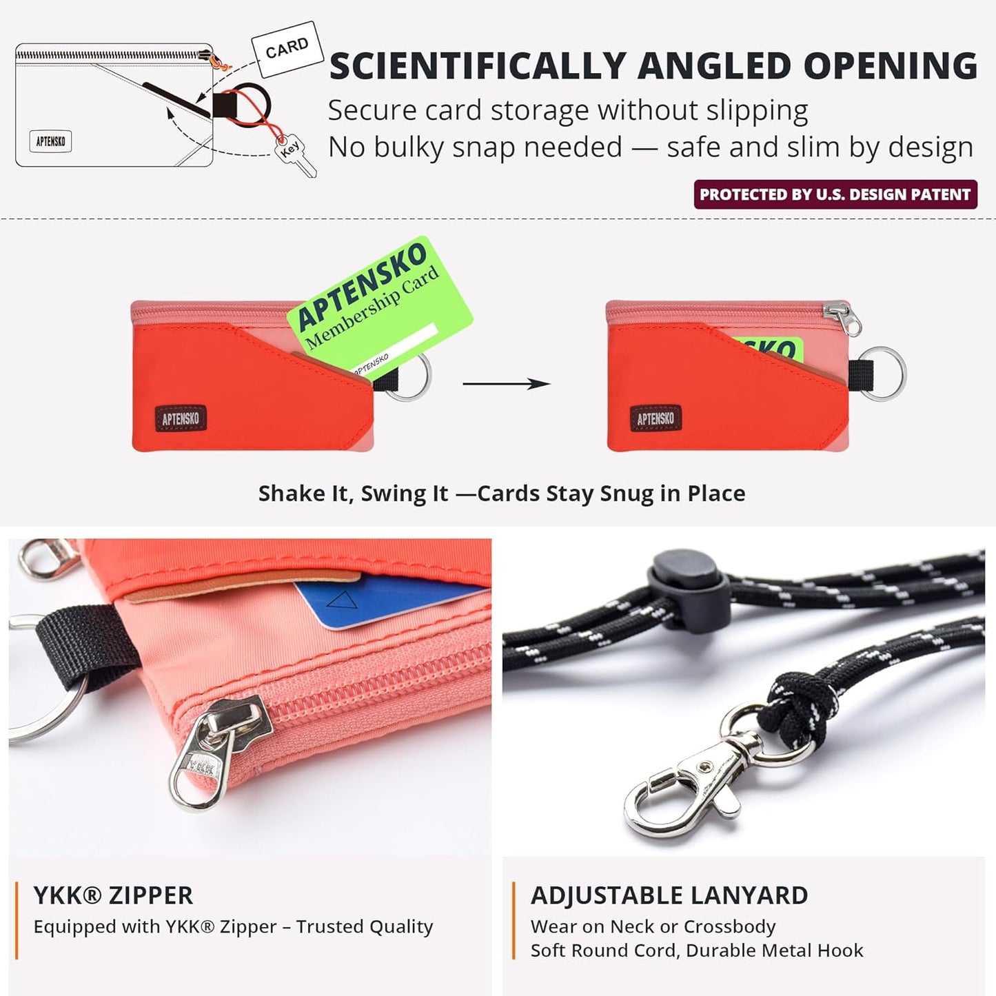 RFID Travel Wallet with Adjustable Lanyard-Zipper Small Wallet with ID Card Holder, Keychain for women&men-Minimalist Slim Waterproof Nylon case for ID, Cash, Key (BlazingOrange+CoralBlush)
