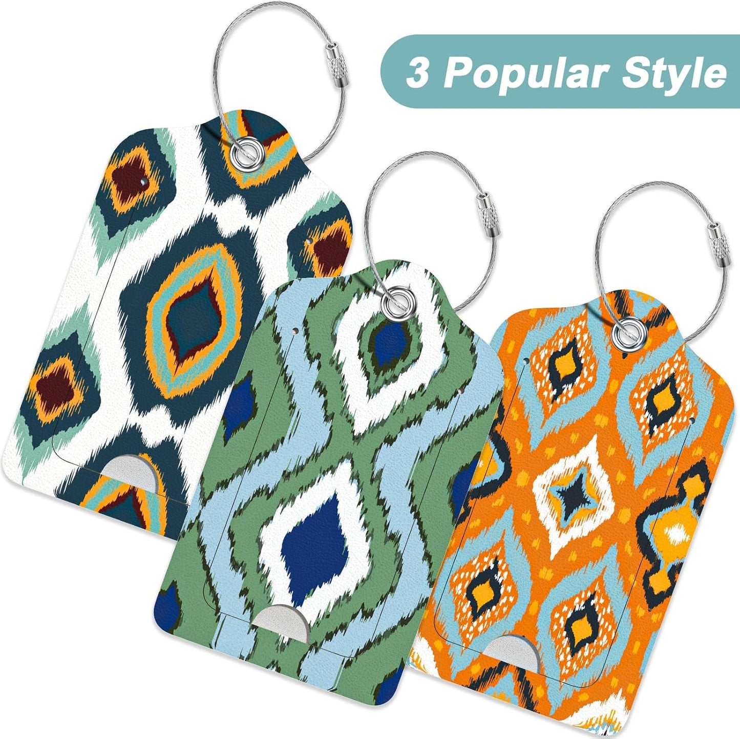 Rimilak 3 Pcs PU Leather Luggage Tags for Suitcase, Travel Cruise Luggage Tag with Privacy Flap, Name ID Label and Metal Loop for Women Men Baggage Handbag School Bag Backpack, Abstract Diamond