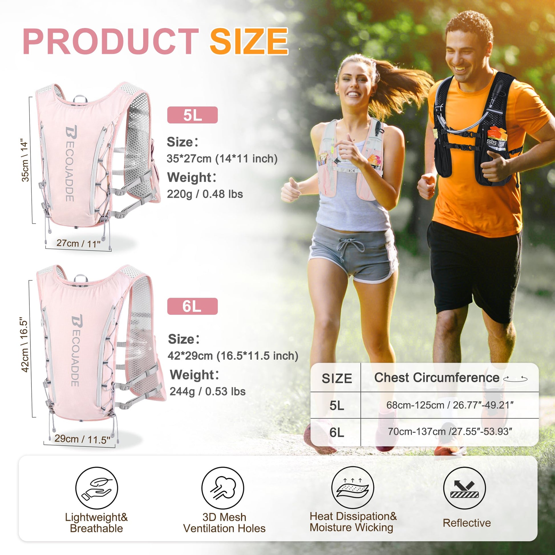 BECOJADDE Running Vest Hydration Backpack with Two 500ML Soft Water Bottles for Men Women, 5L