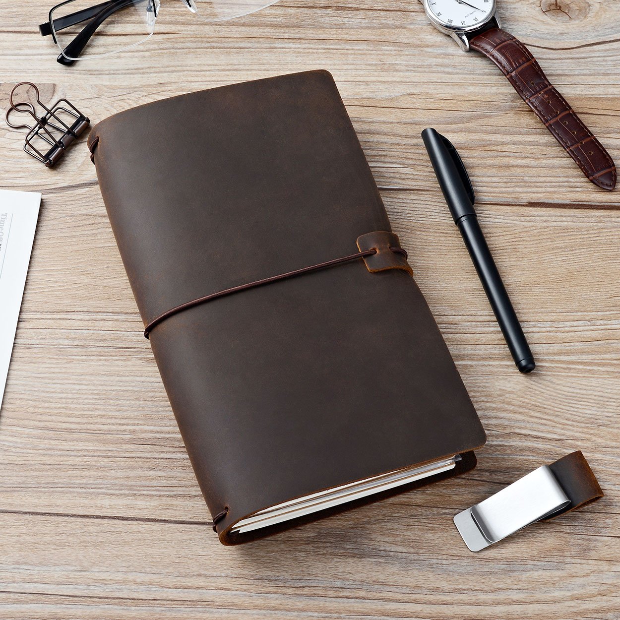 newestor Refillable Leather Journal Travelers Notebook - 8.5 x 4.5 Travel Diary with 5 Inserts +