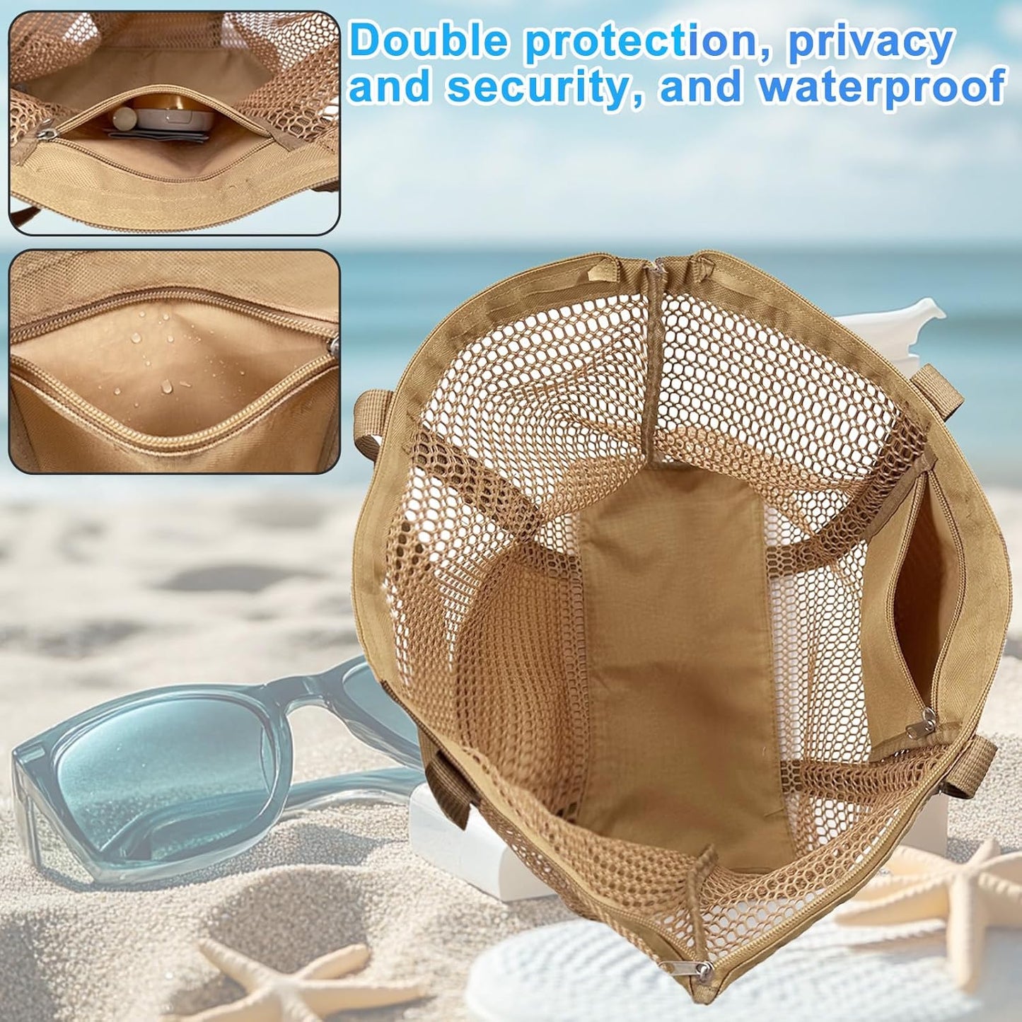 Mesh Beach Bags for Women with Zipper Foldable Hobo Tote Bag Vacation Shoulder Bags for Swimming Pools