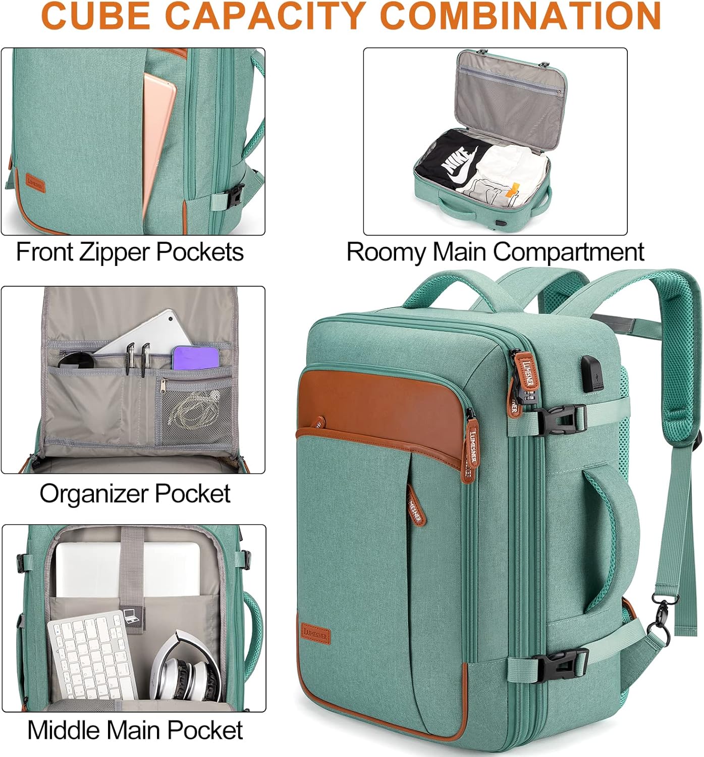 Lumesner Carry on Travel Backpacks, Extra Large 40L Flight Approved for Men & Women,Expandable Suitcase backpack (Green (Backpack With 4 Packing Cubes))
