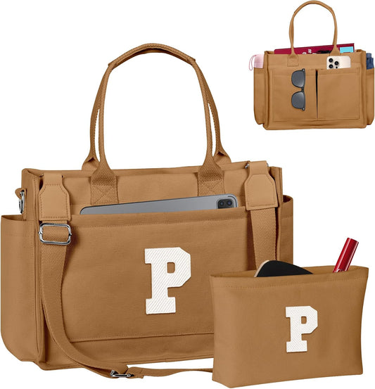 Gifts for Women Teen Girls, Initial Tote Bag with Zipper, Letter Canvas Tote Purse for College Work Laptop Beach