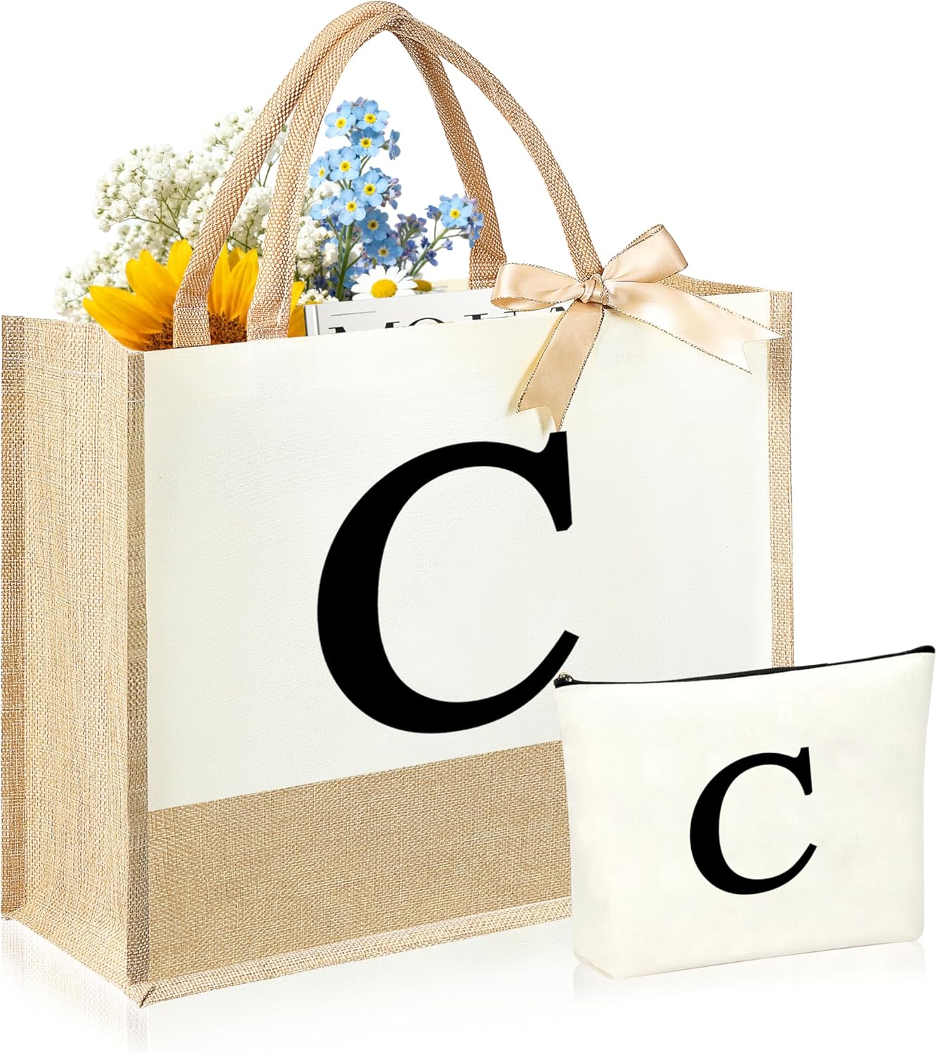Initial Canvas Tote Bag & Makeup Bag for Women Teacher Bridesmaids，Personalized Present for Wedding, Birthday, Beach