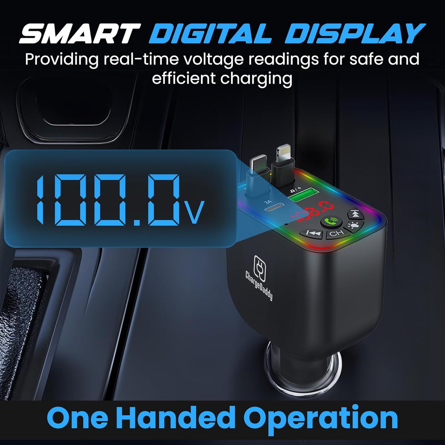 Bluetooth 5.3 Car FM Transmitter with 120W Max Power, Retractable Cables (80cm), Digital Display, Hands-Free Calling, Noise Canceling, and Dual Device Charging