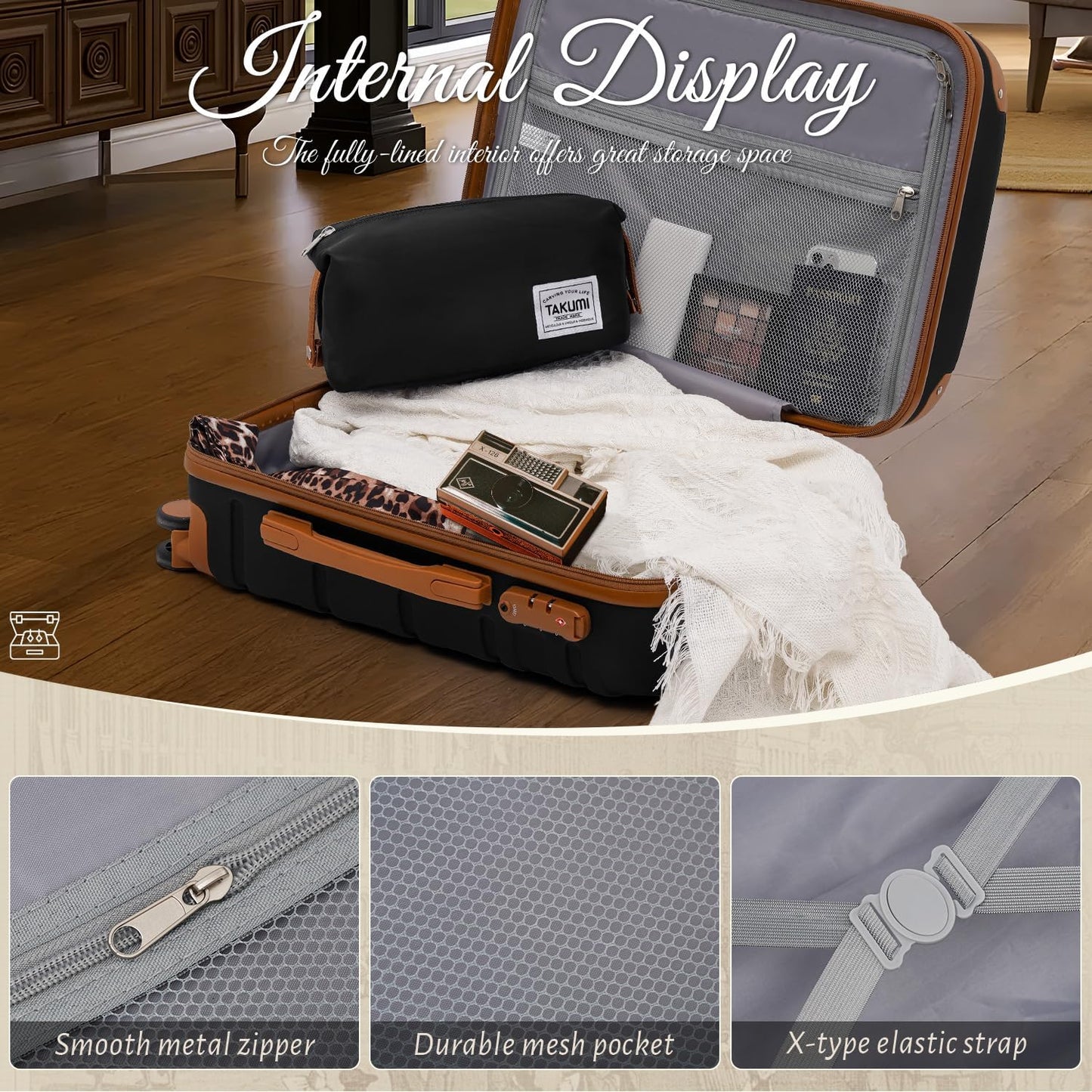 TAKUMI Carry On Luggage Set 3 Piece ABS+PC Hardshell Suitcases with Duffel Bag Double Spinner Wheels Travel Luggage with TSA Lock Lightweight Suitcase Set(BLACK BROWN, 3 PIECE SET(20/DB/TB))