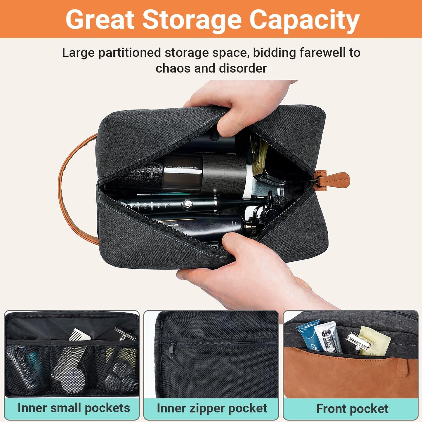 Elviros Travel Toiletry Bag for Men, Hanging Shaving Dopp Kit PU Leather Small Pouch Water Repellent Travel Essentials Organizer Gift for Dad, Black