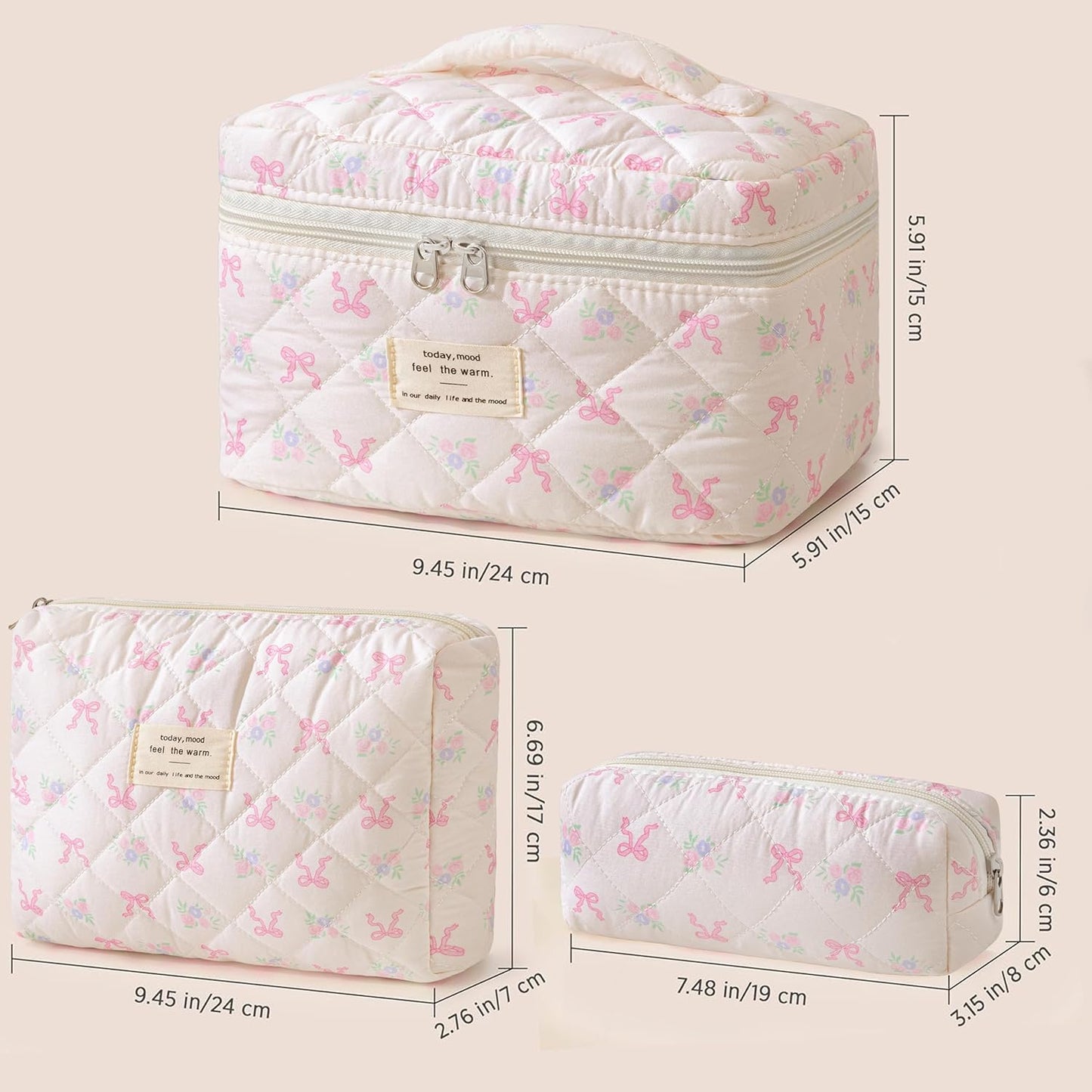 HBselect Quilted Makeup Bag, 3PCS Cotton Large Travel Makeup Bag, Cute Floral Coquette Make up Bag Cosmetic Bag Toiletry Bag for Women Girls