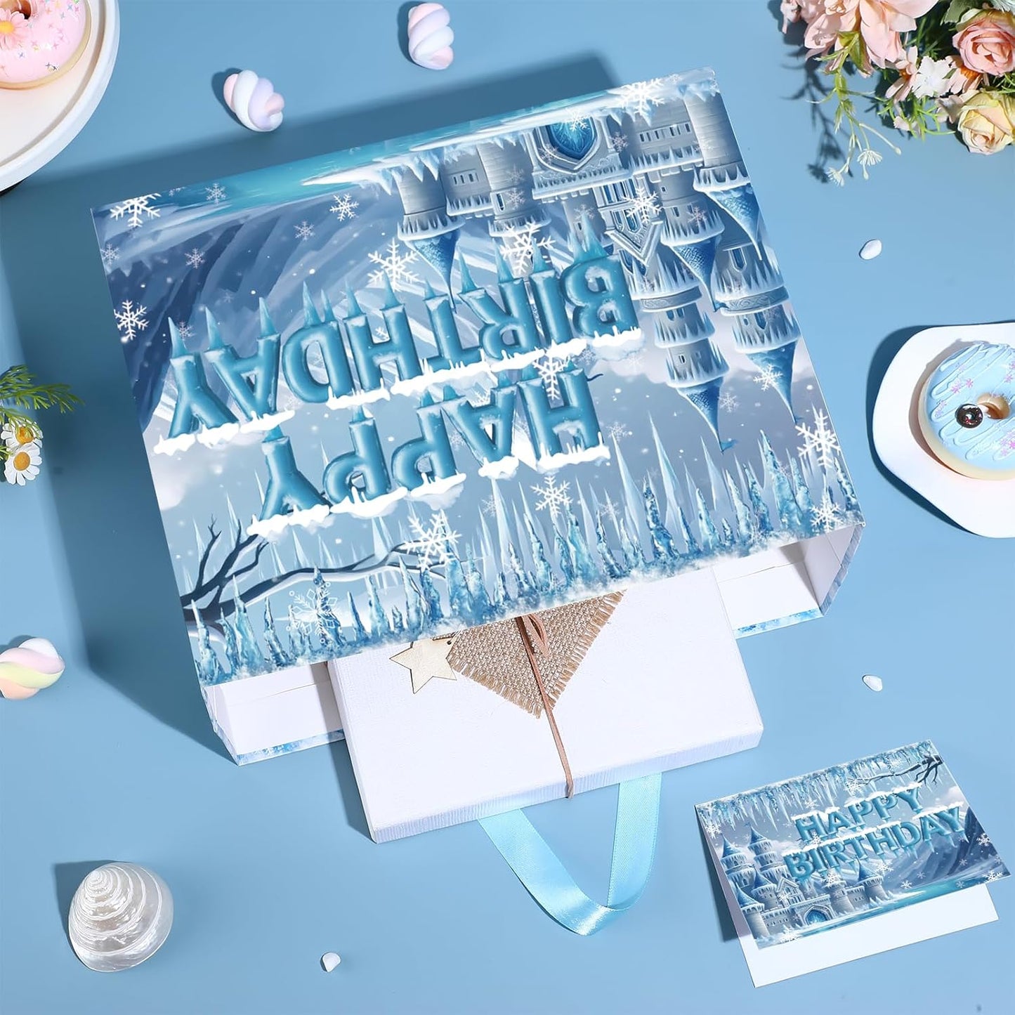 Frozen Birthday Gift Bag with Greeting Card and Tissue Paper Large Snow Frost Castle Party Favor Bags Frozen Birthday Wrapping Paper Bags Treat Candy Bags with Handle for Bday Christmas Winter Gift