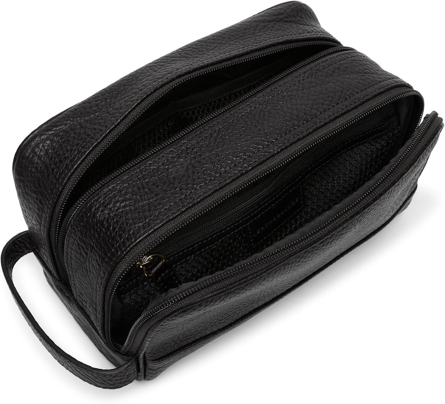 Leatherology Premium Ebony Leather Toiletry Bag – Small Double Zip Dopp Kit – Full Grain Leather Travel Organizer with Water-Resistant Lining – Compact Grooming Bag for Men or Women