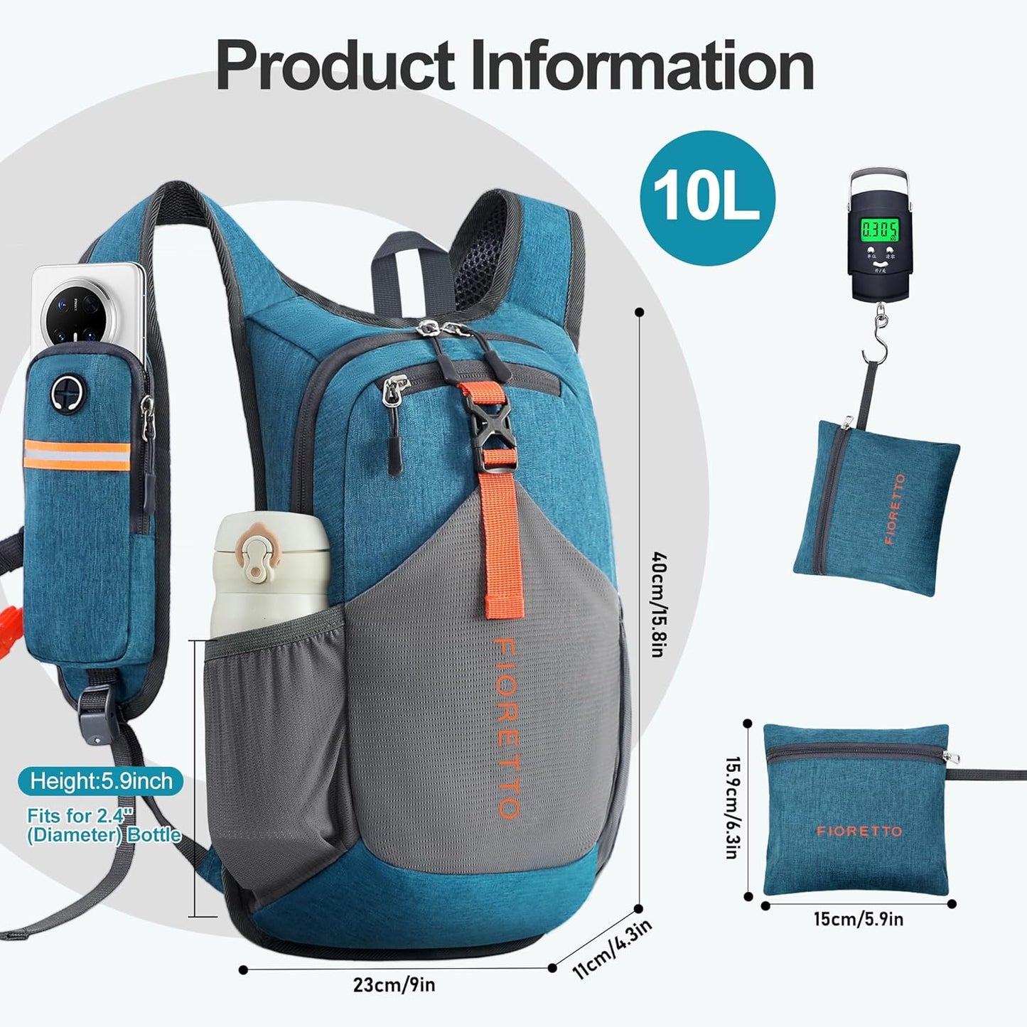 FIORETTO 10L Hiking Backpack for Women Men Mini Packable Backpack Lightweight Small Daypack for